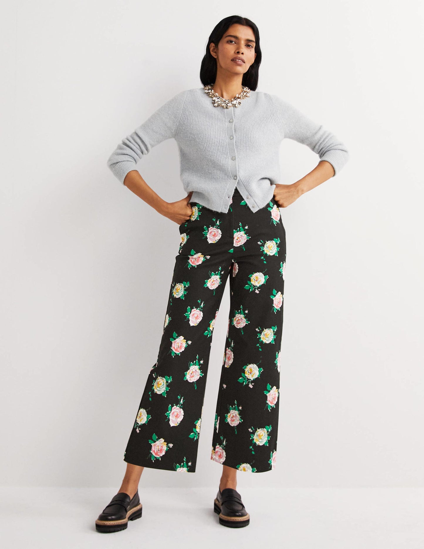 High Waisted Richmond Trousers-Black, Painterly Rose