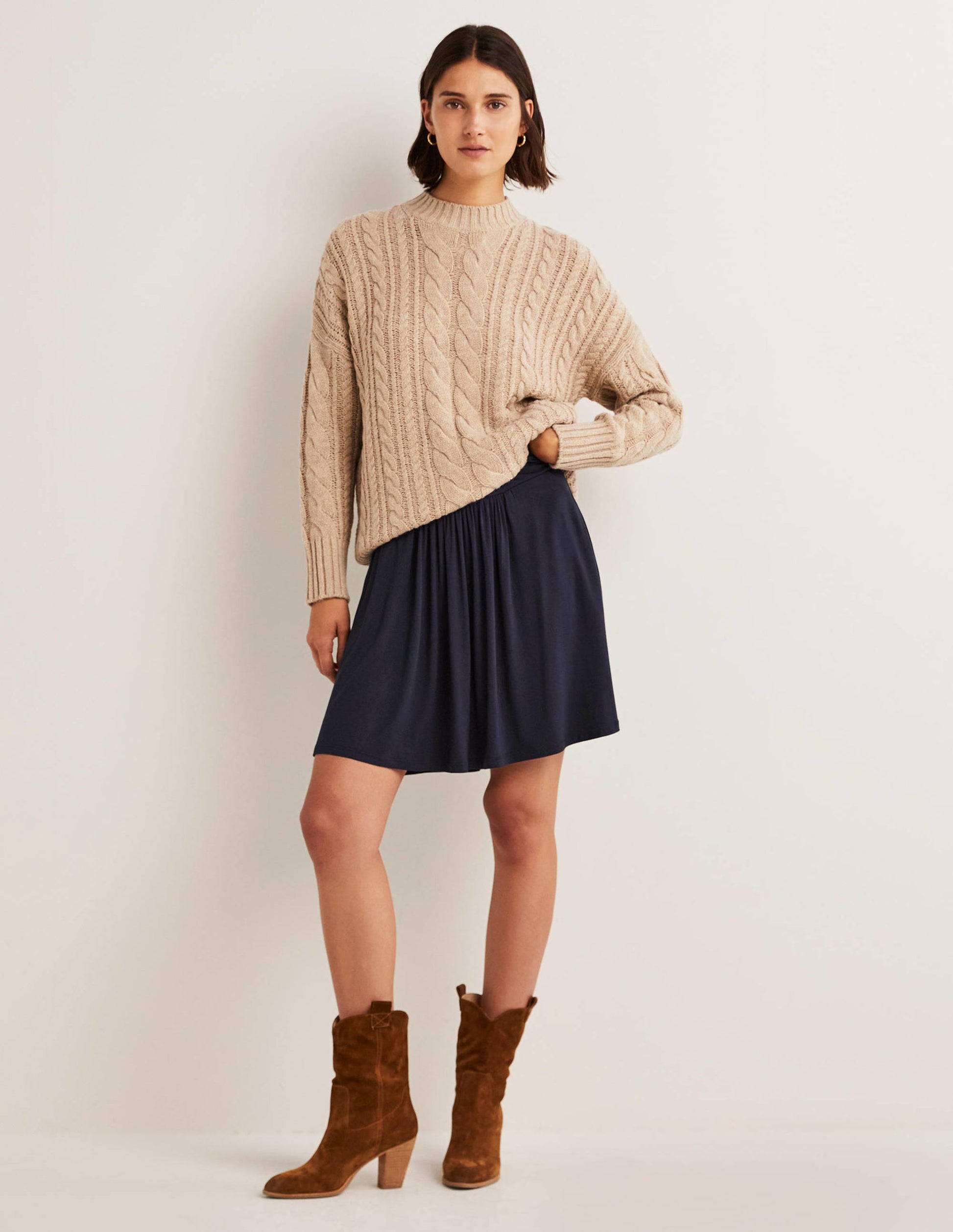 Jupe en jersey à taille froncée-Bleu marine-1