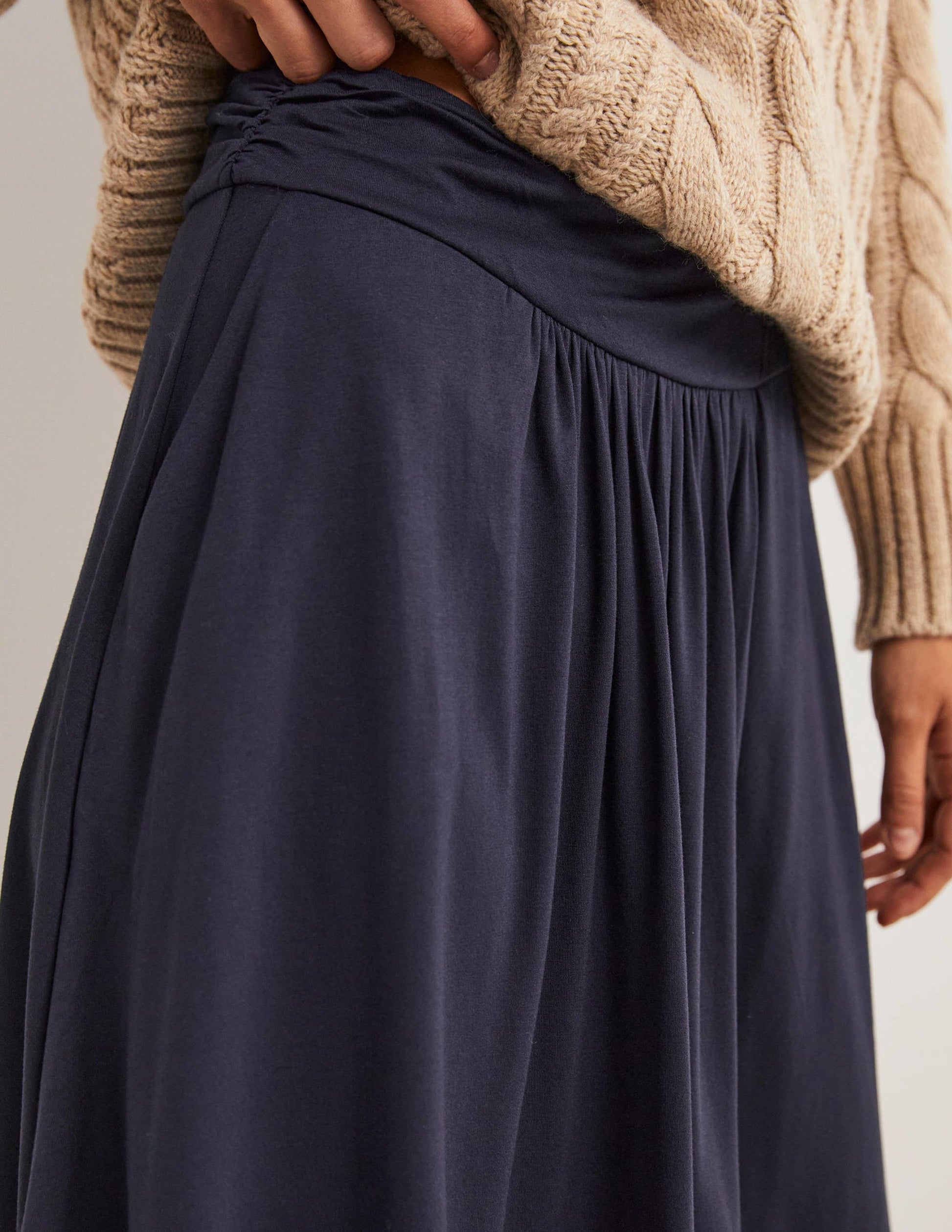 Jupe en jersey à taille froncée-Bleu marine-2