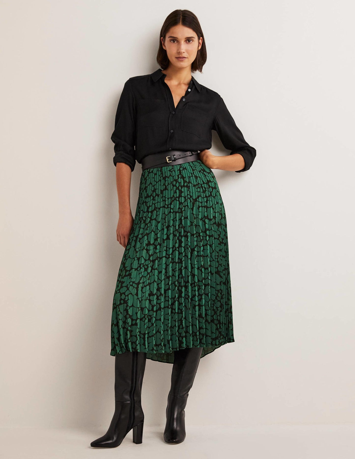 Pleated Crepe Midi Skirt-Hunter Green, Abstract Bud