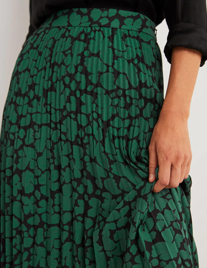 Pleated Crepe Midi Skirt-Hunter Green, Abstract Bud