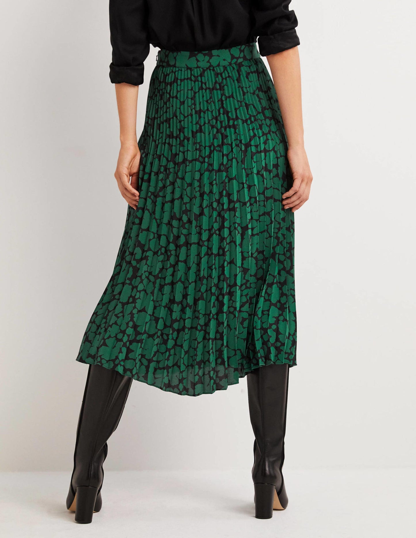 Pleated Crepe Midi Skirt-Hunter Green, Abstract Bud