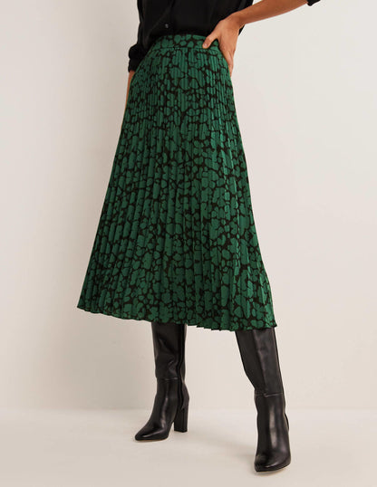 Pleated Crepe Midi Skirt-Hunter Green, Abstract Bud