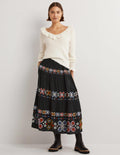 Embroidered Tiered Midi Skirt-Black Embroidery