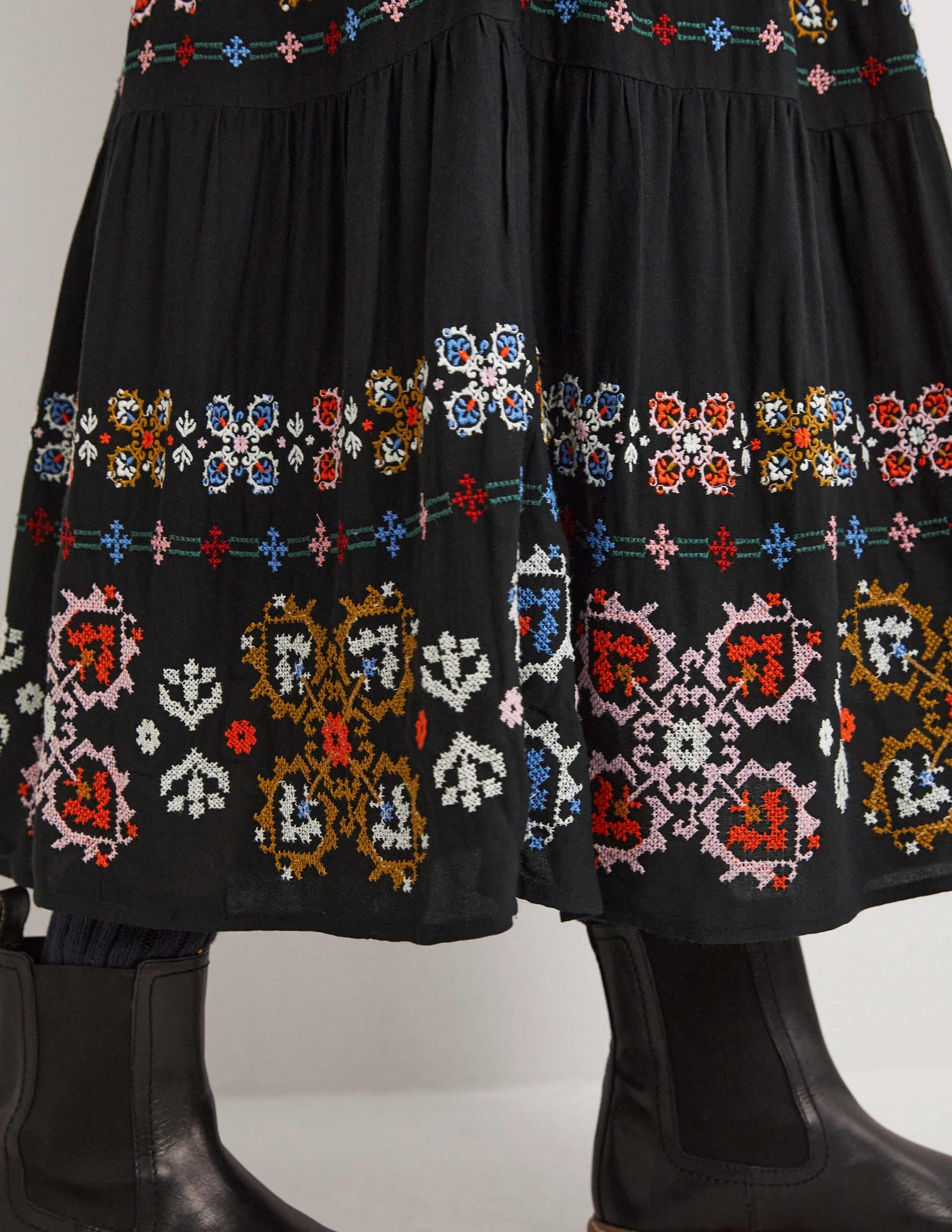 Embroidered Tiered Midi Skirt-Black Embroidery - Image 2