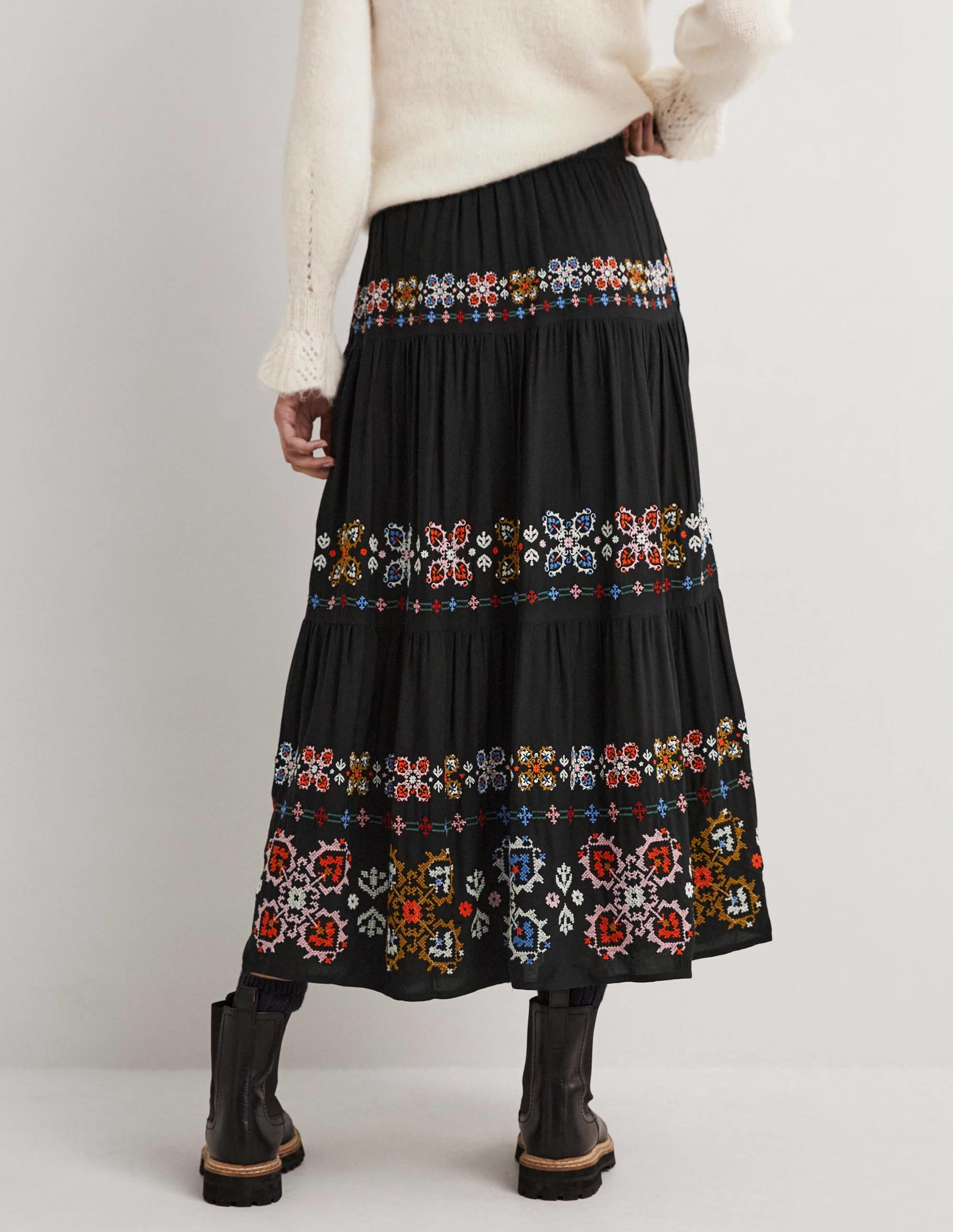 Embroidered Tiered Midi Skirt-Black Embroidery - Image 3