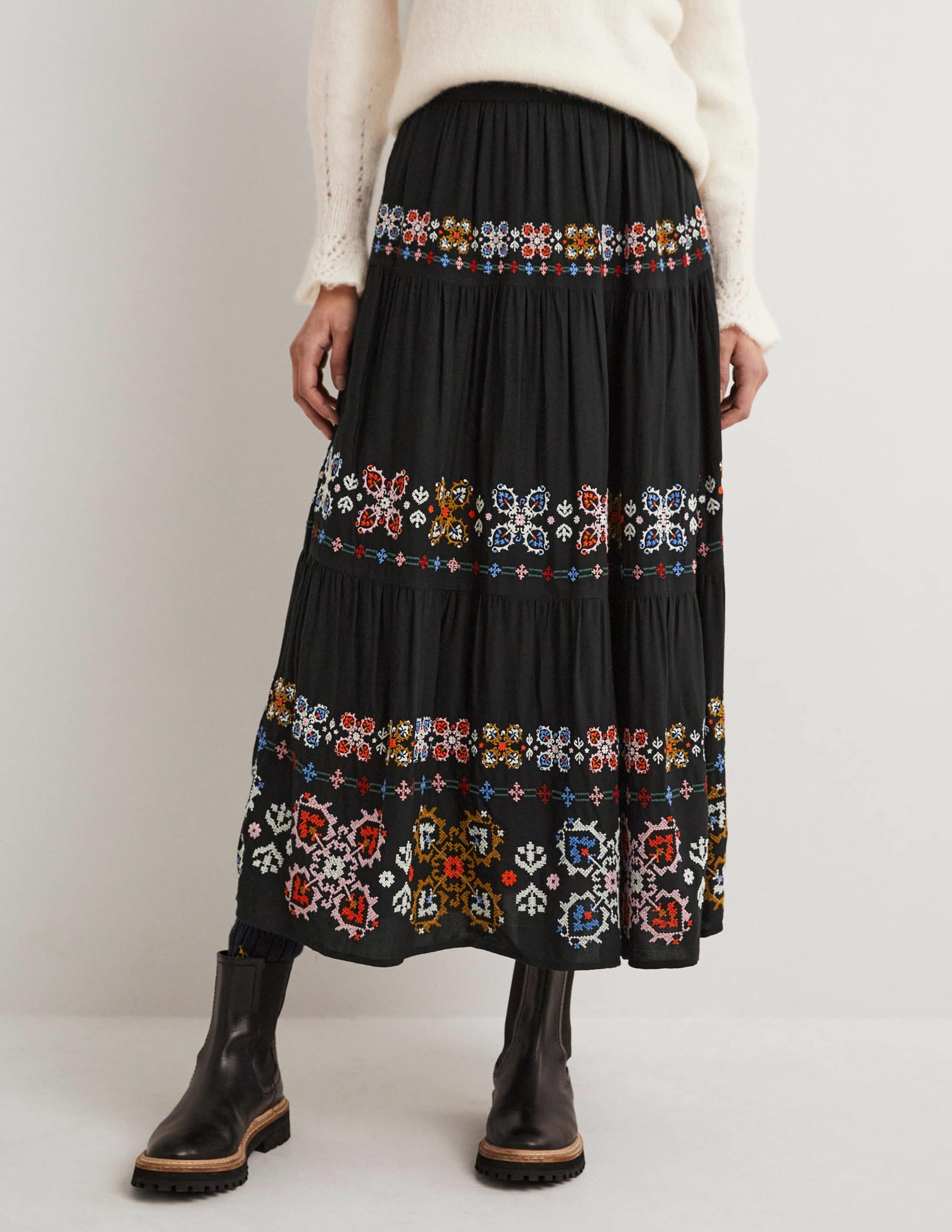 Embroidered Tiered Midi Skirt-Black Embroidery - Image 5