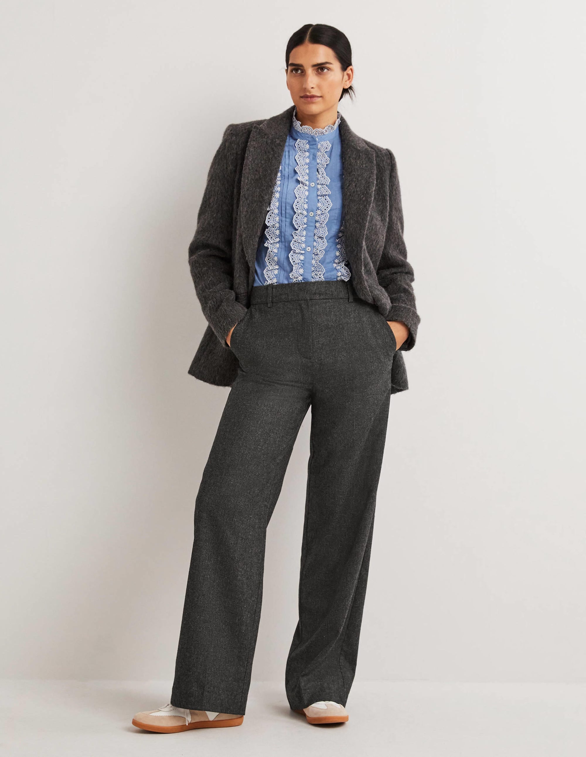Pantalon large en laine-Anthracite chiné - Image 1