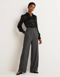 Wool Wide Leg Trousers-Grey Herringbone