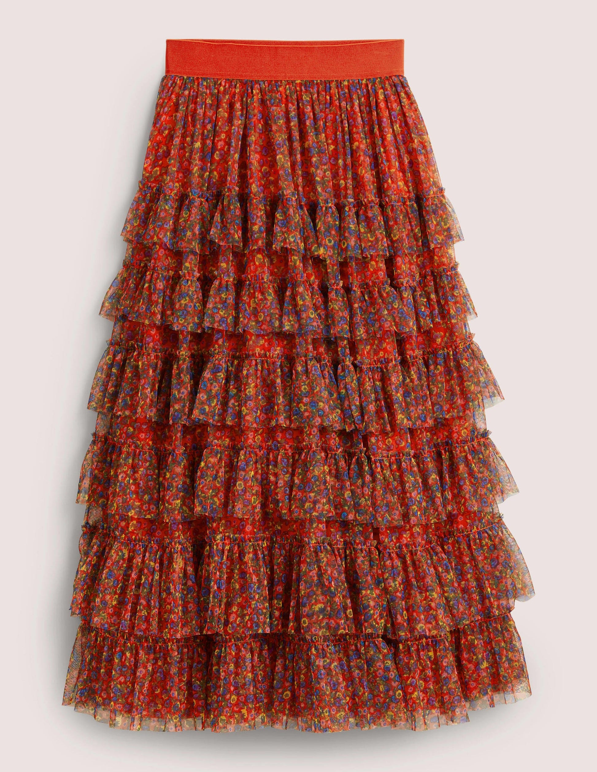 Jupe midi en tulle à volants-Rouge fusée, motif Floral Terrace-5