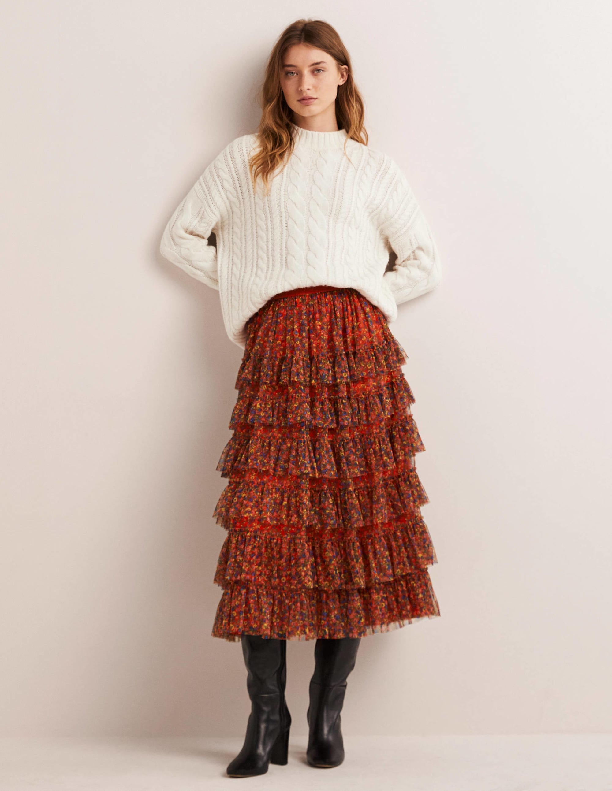 Jupe midi en tulle à volants-Rouge fusée, motif Floral Terrace - Image 1