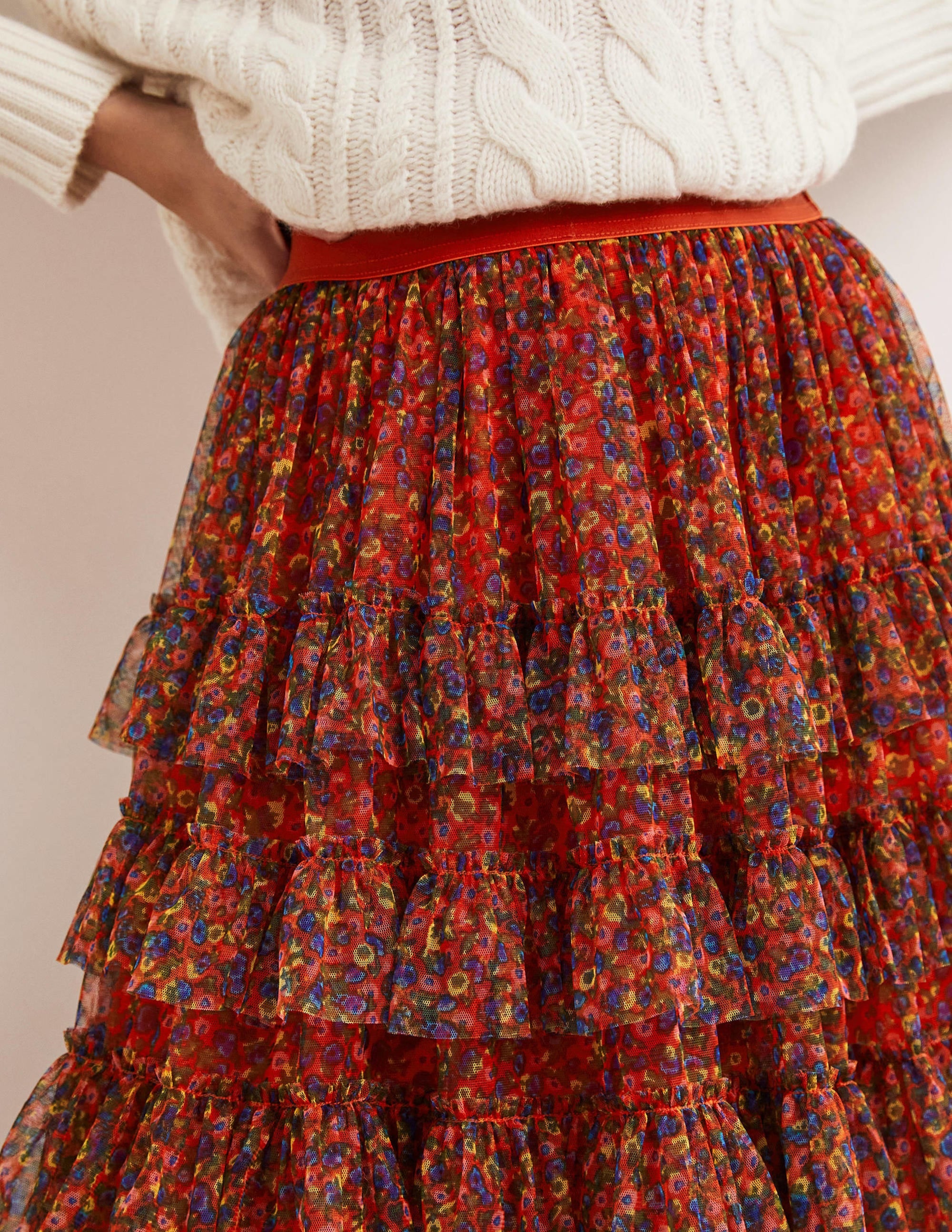 Jupe midi en tulle à volants-Rouge fusée, motif Floral Terrace - Image 2