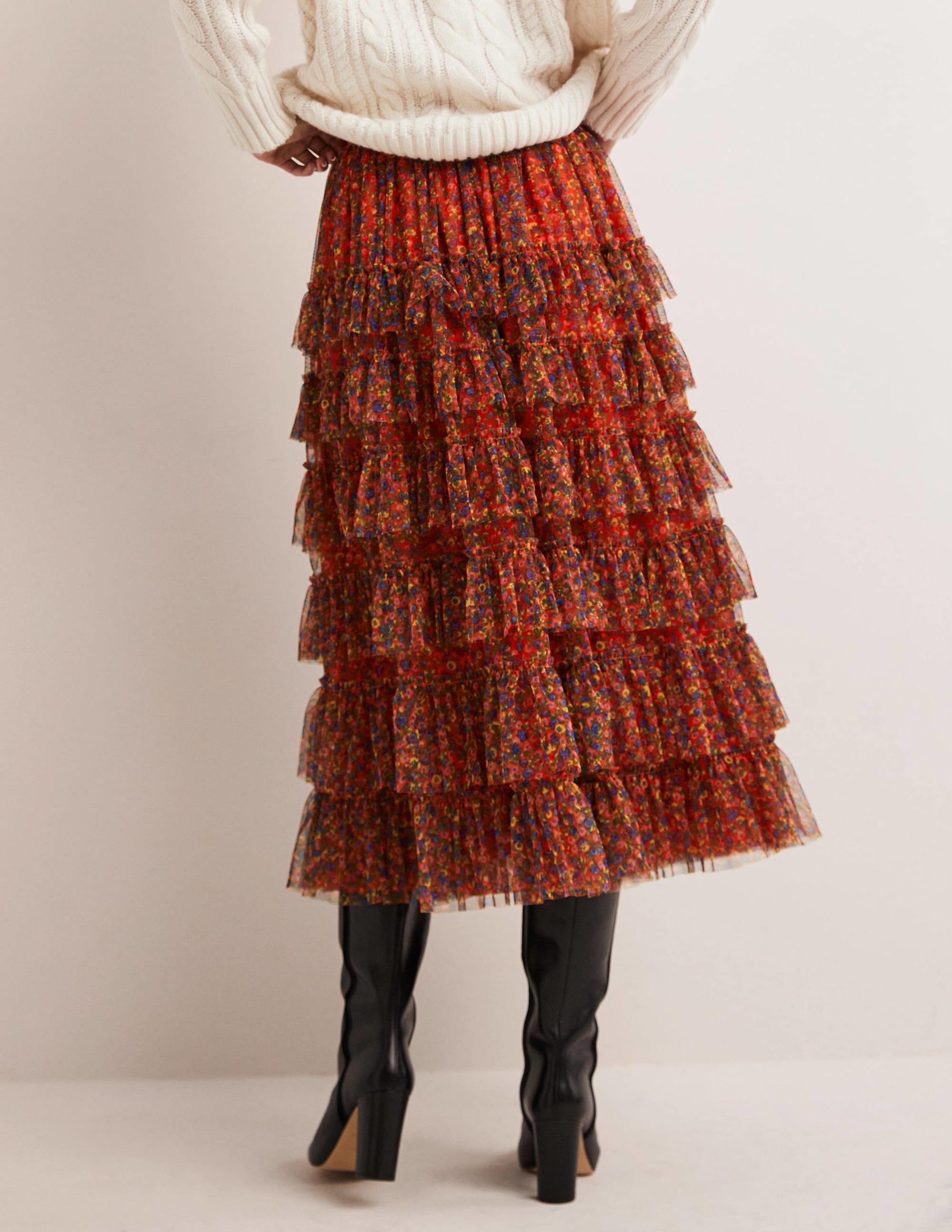 Jupe midi en tulle à volants-Rouge fusée, motif Floral Terrace - Image 3