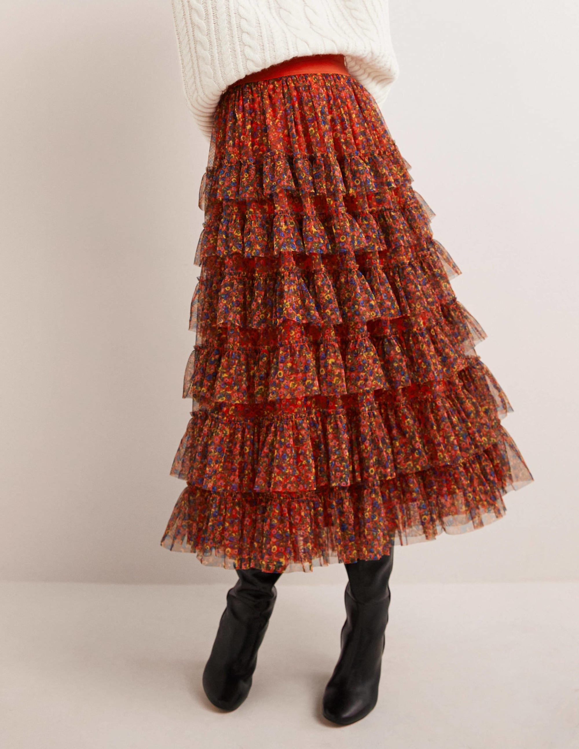 Jupe midi en tulle à volants-Rouge fusée, motif Floral Terrace - Image 4