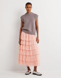 Pink Ruffle Tulle Midi Skirt-Rose ancien