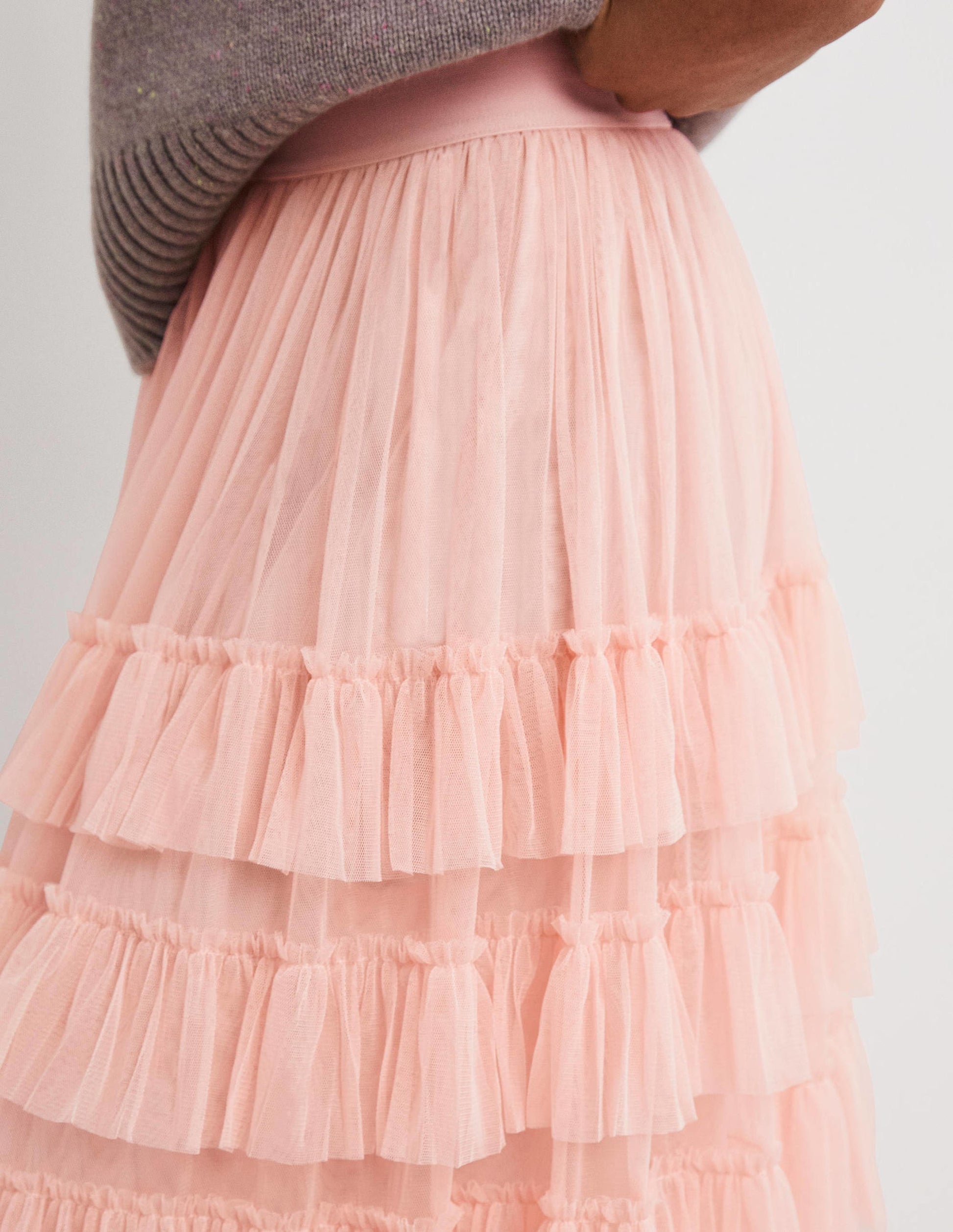 Pink Ruffle Tulle Midi Skirt-Rose ancien-2