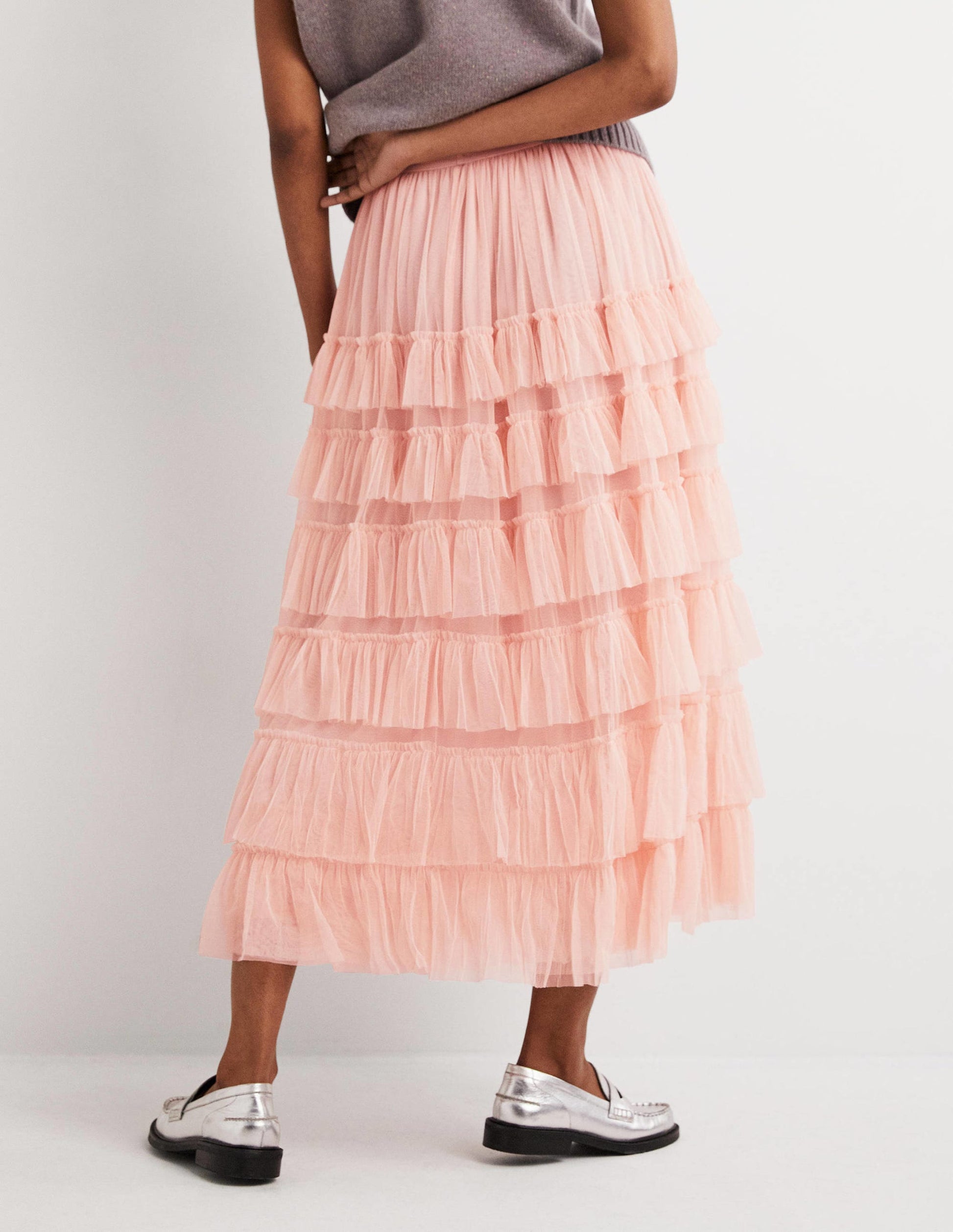 Pink Ruffle Tulle Midi Skirt-Rose ancien-3