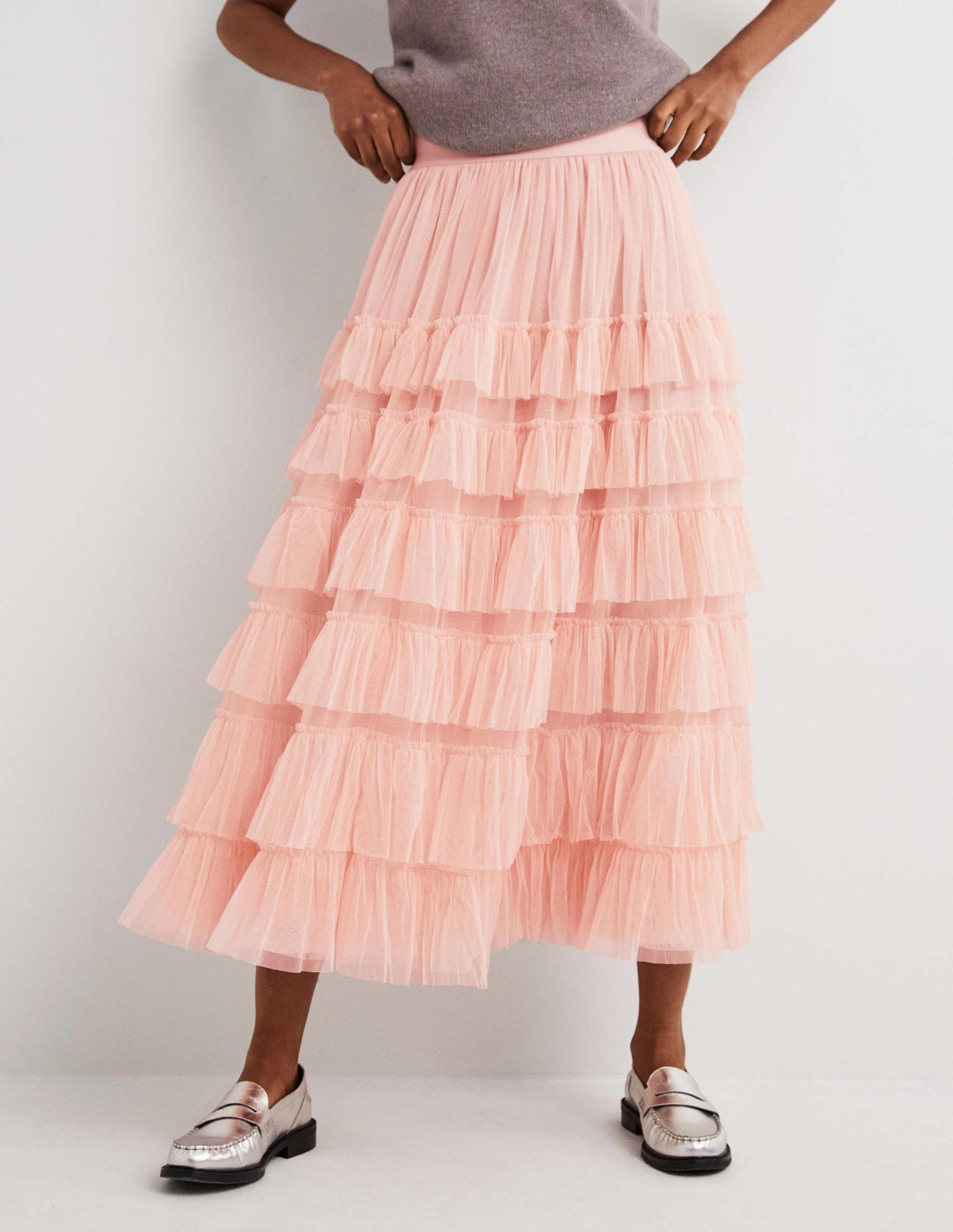 Pink Ruffle Tulle Midi Skirt-Rose ancien-4