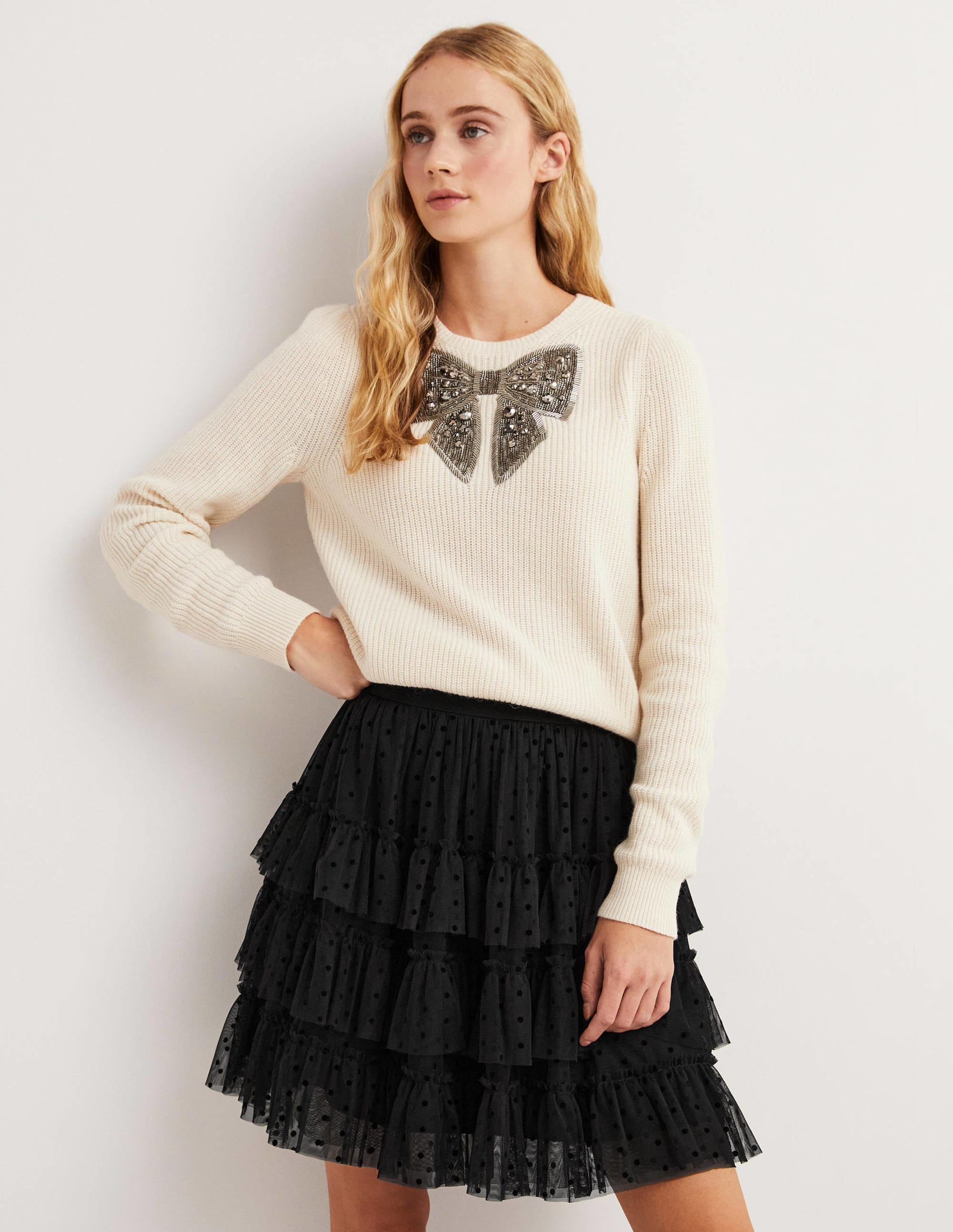 Black Polka Dot Ruffle Tulle Mini Skirt-Schwarz - Image 1