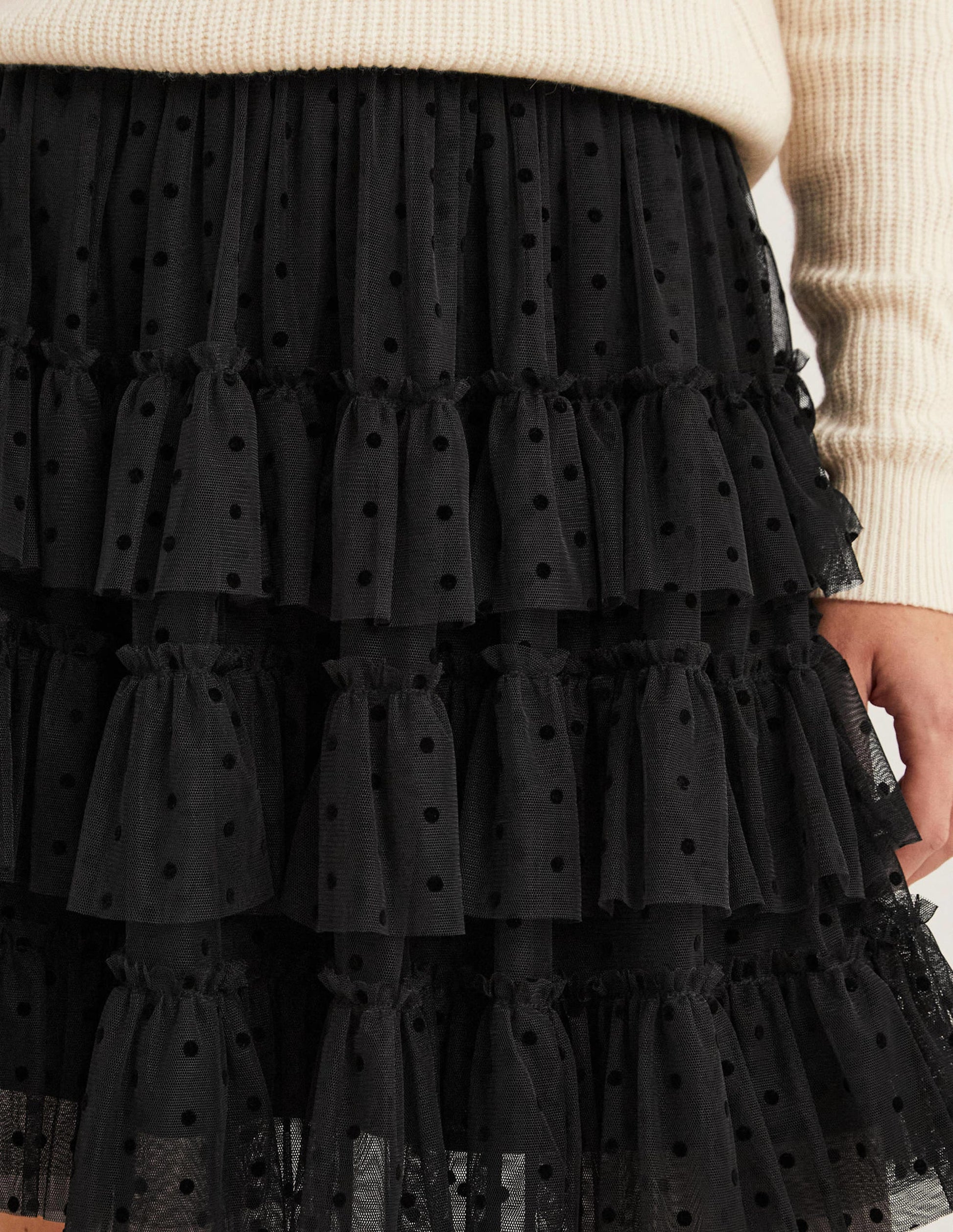 Black Polka Dot Ruffle Tulle Mini Skirt-Schwarz-2