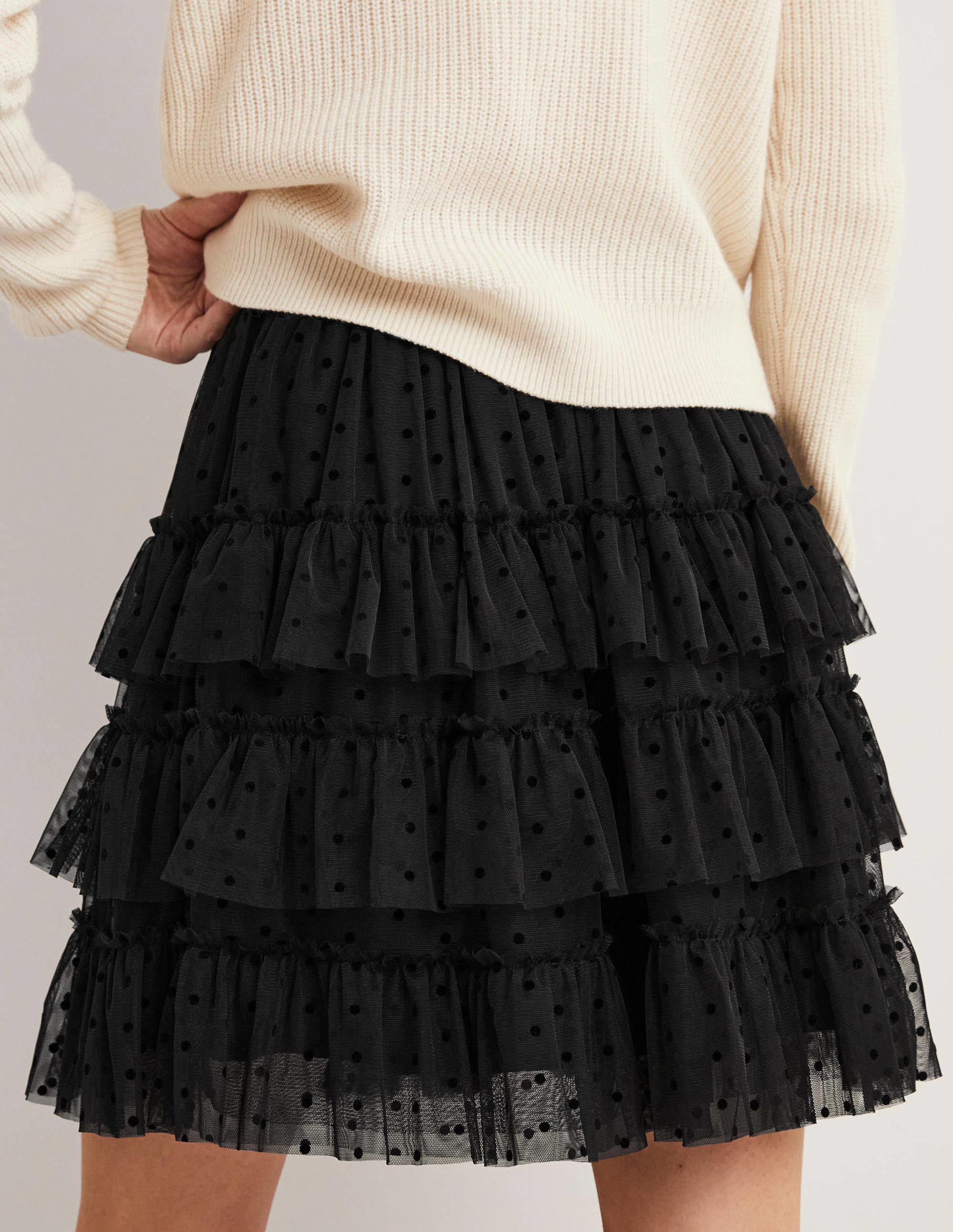 Black Polka Dot Ruffle Tulle Mini Skirt-Schwarz - Image 3