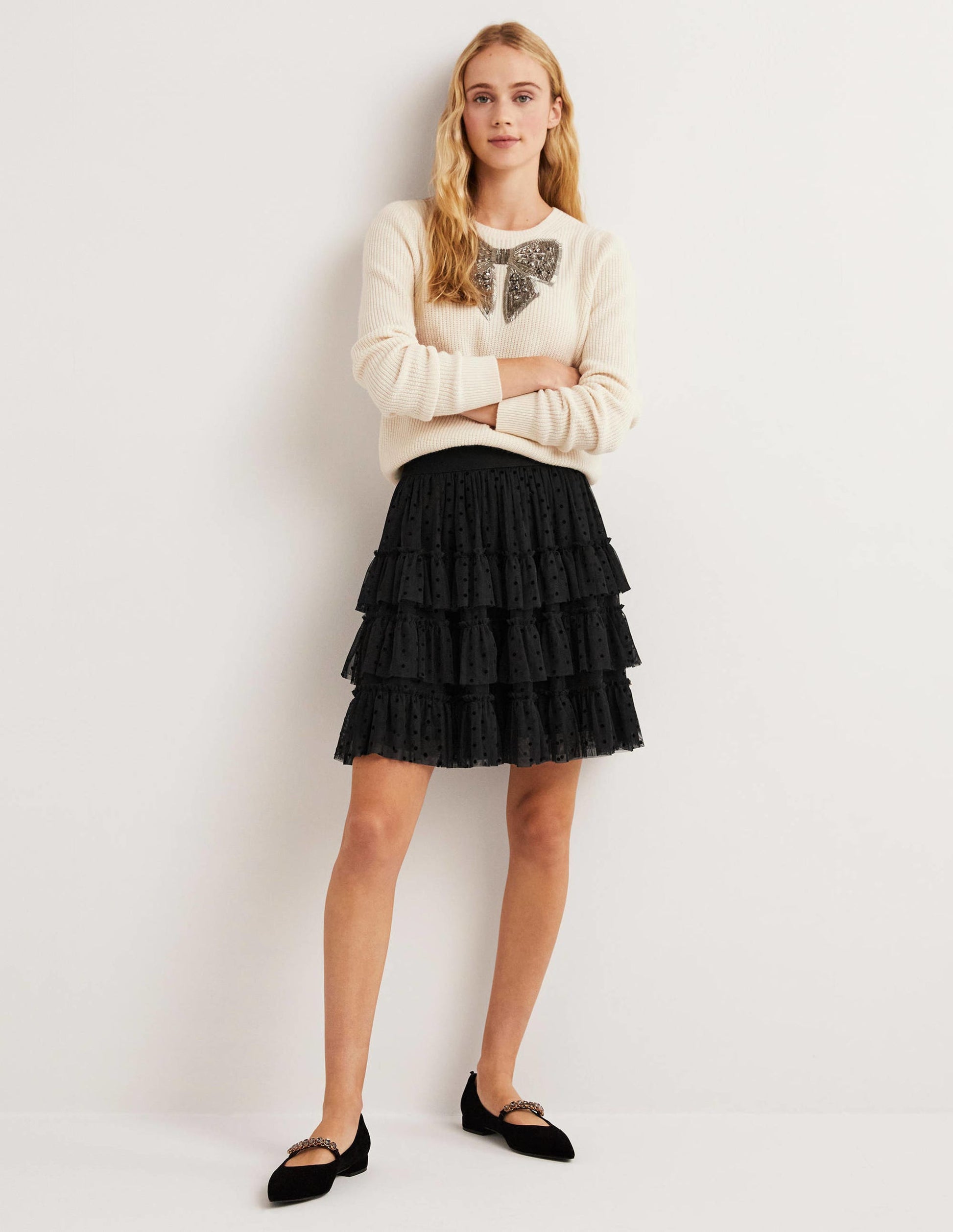 Black Polka Dot Ruffle Tulle Mini Skirt-Schwarz-4
