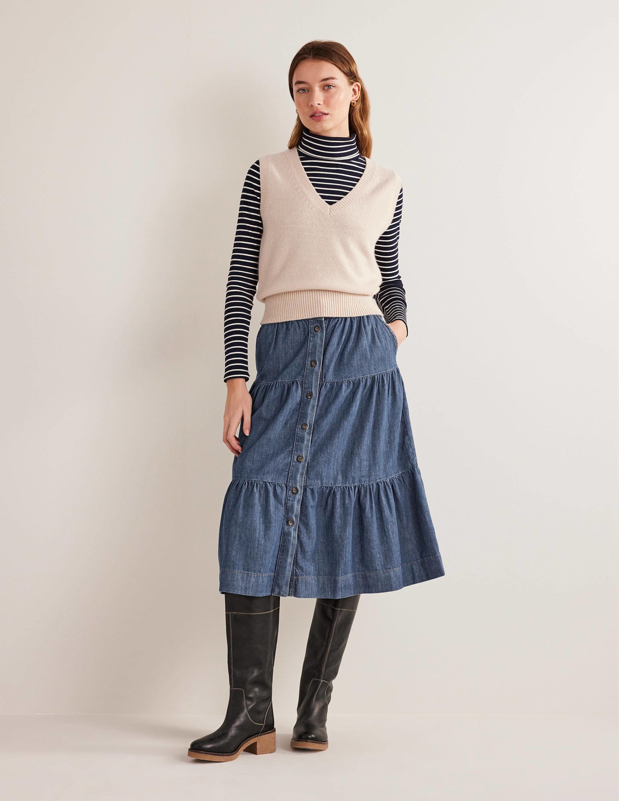 Tiered Denim Midi Skirt-Mid Vintage Denim - Image 1