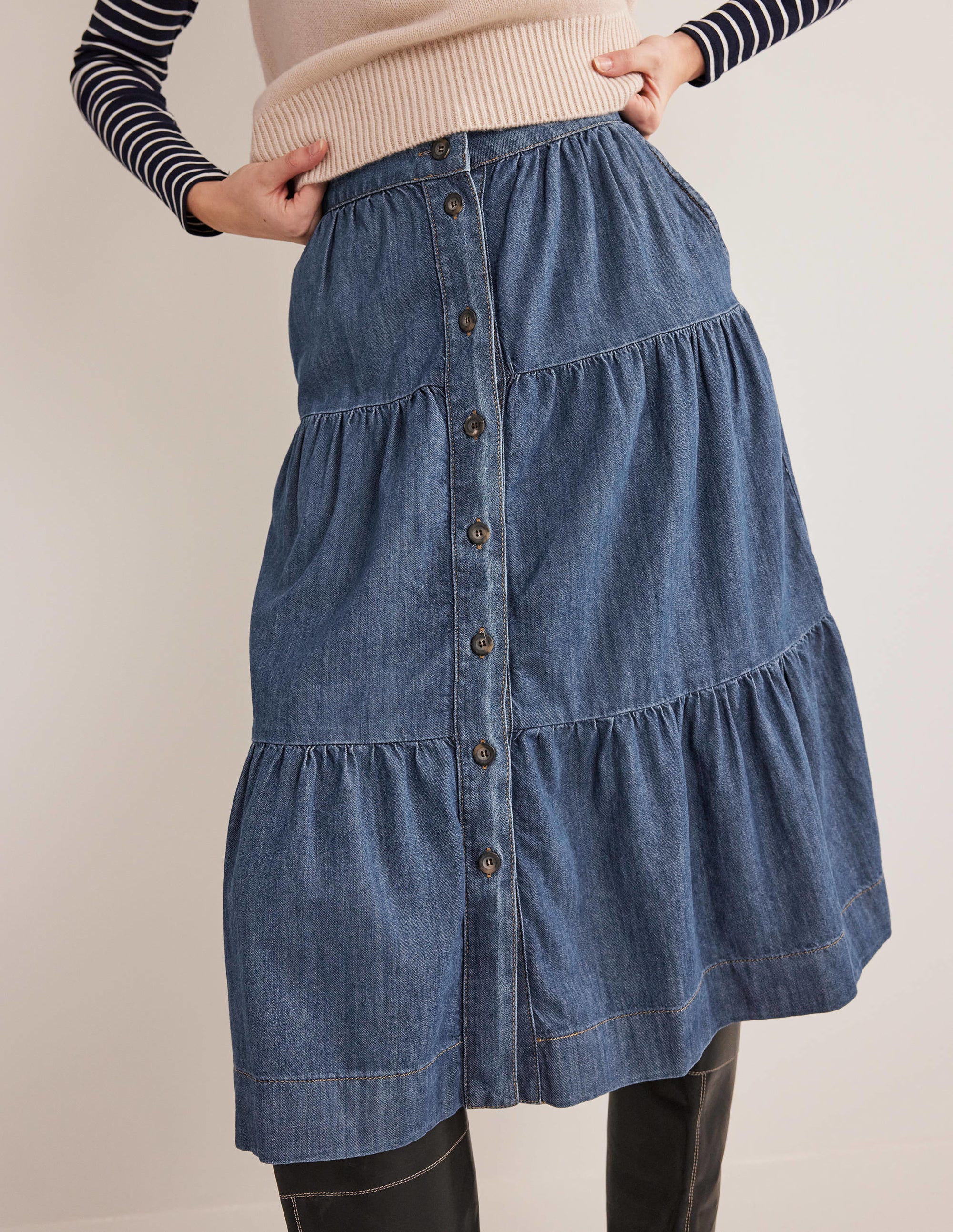 Tiered Denim Midi Skirt-Mid Vintage Denim - Image 2