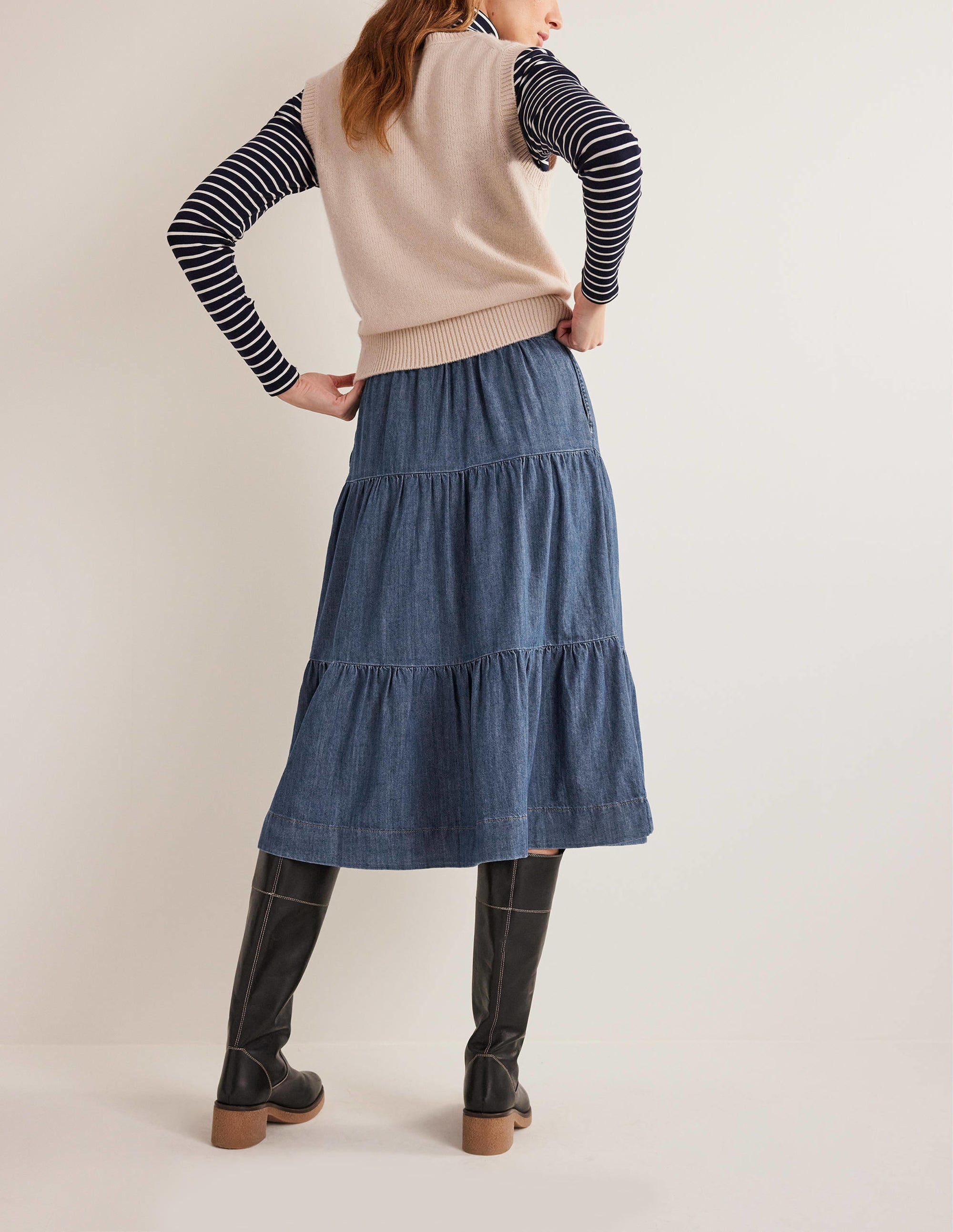 Tiered Denim Midi Skirt-Mid Vintage Denim - Image 3