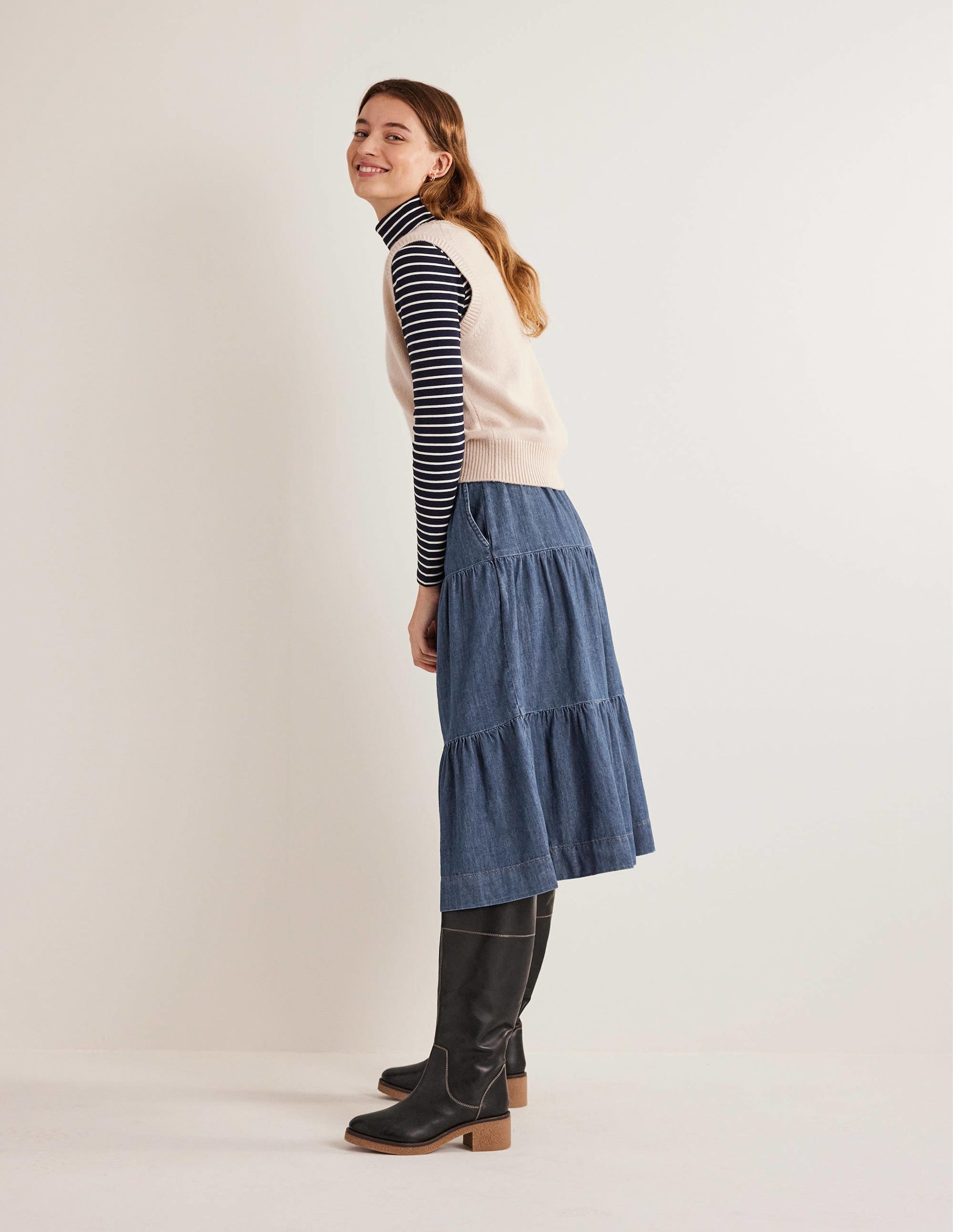 Tiered Denim Midi Skirt-Mid Vintage Denim - Image 4