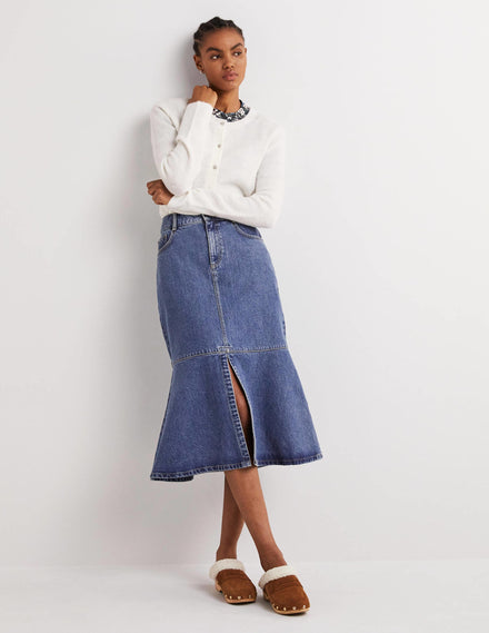 Ausgestellter Midirock aus Denim-Helles Vintageblau