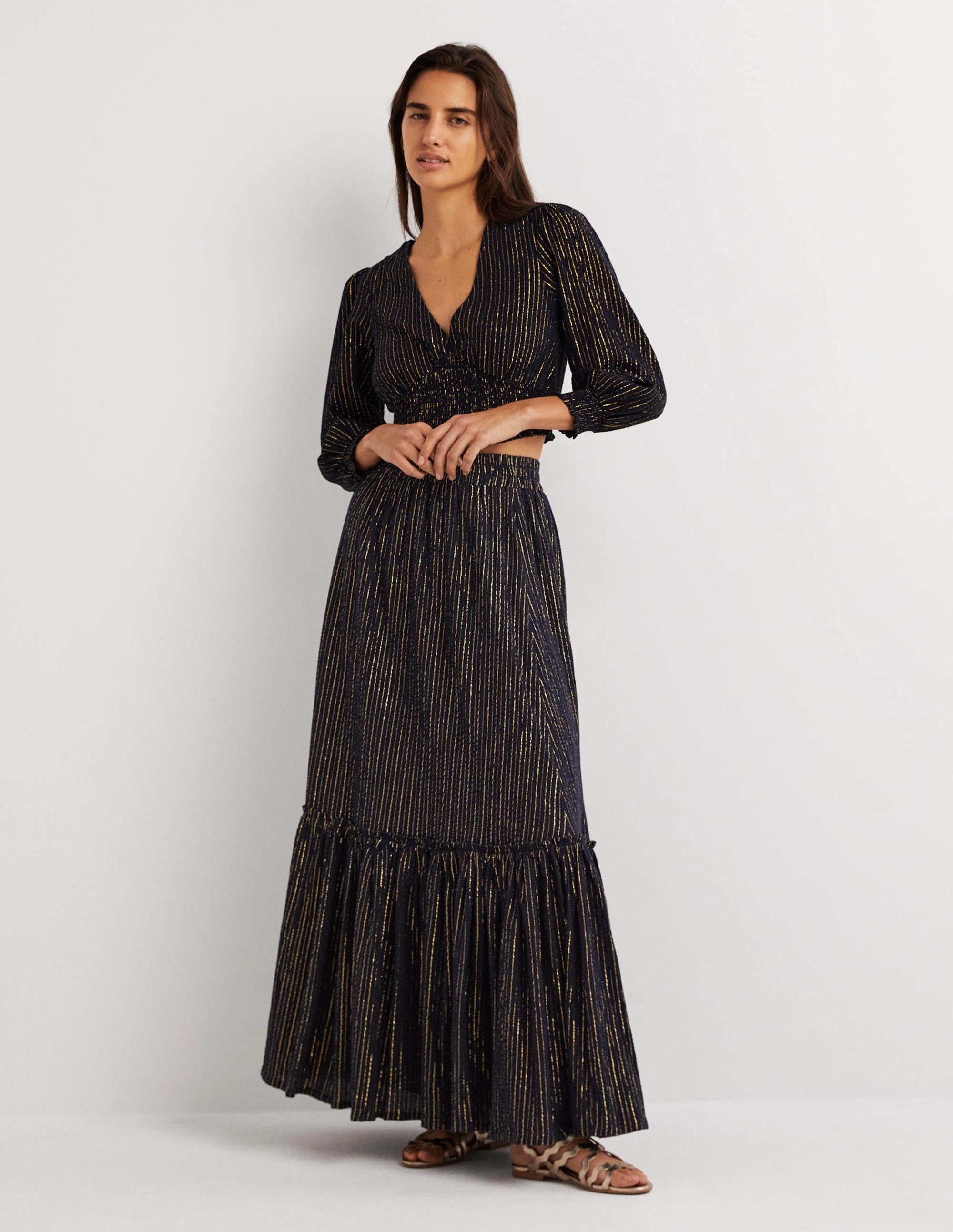 Metallic-Maxirock aus Baumwolle-Navy, Crinkle-Lurex - Image 1