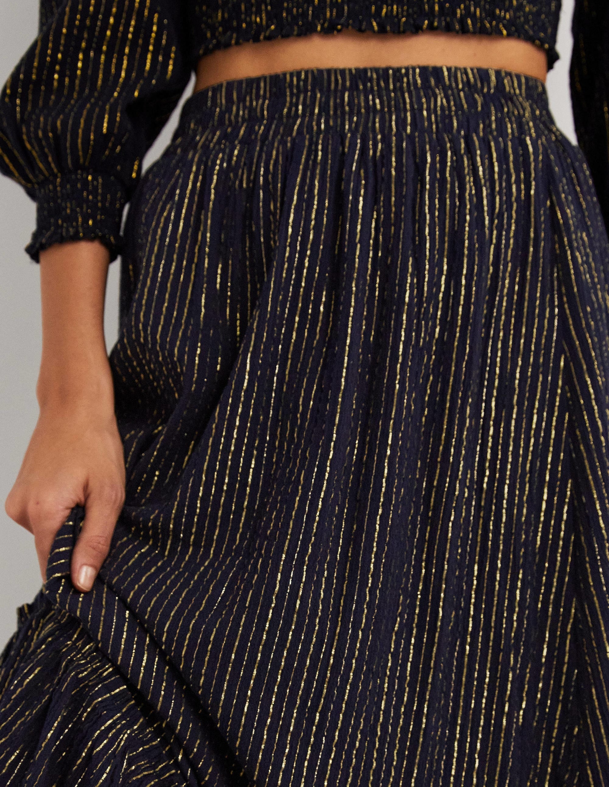 Metallic-Maxirock aus Baumwolle-Navy, Crinkle-Lurex - Image 2