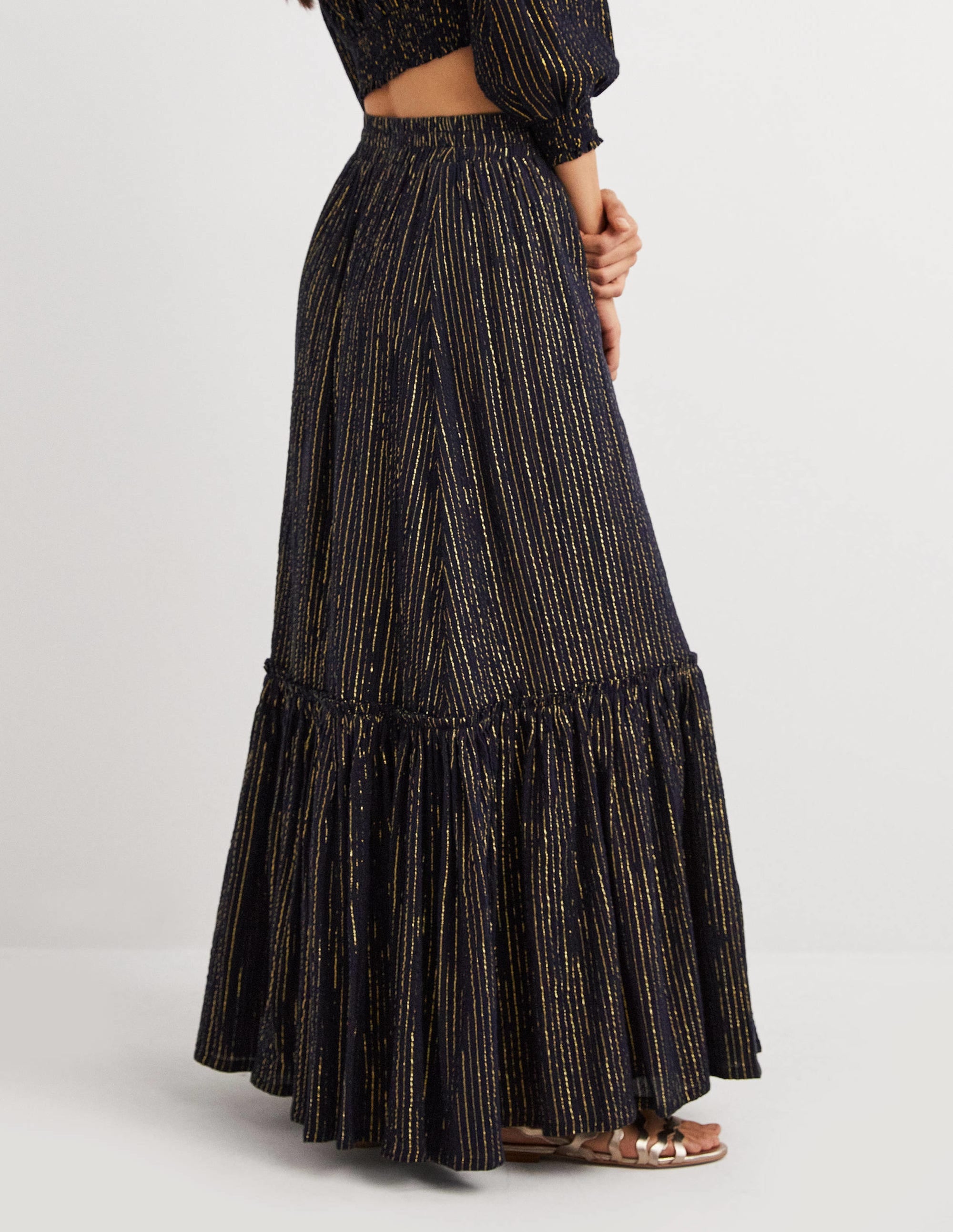 Metallic-Maxirock aus Baumwolle-Navy, Crinkle-Lurex - Image 3