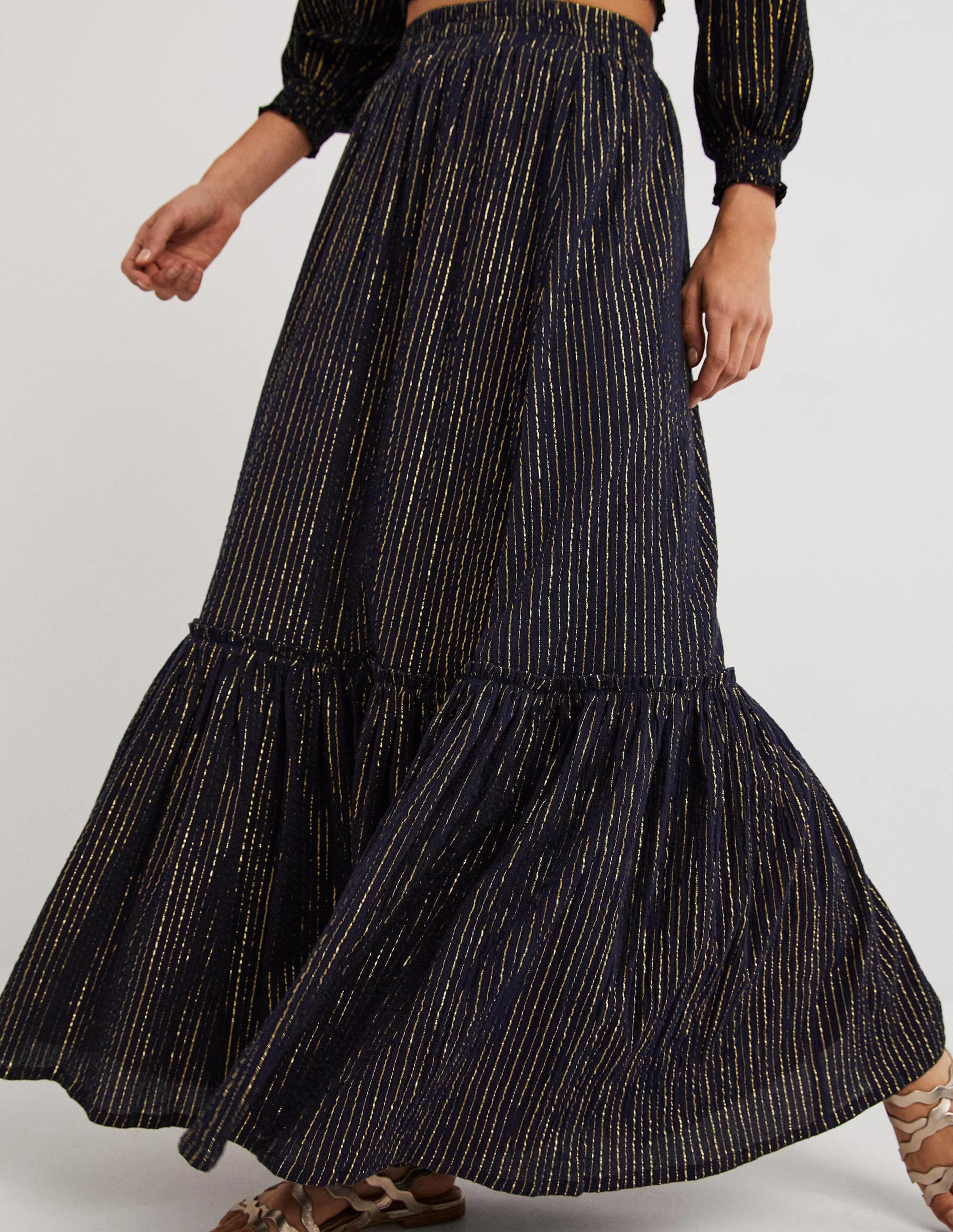 Metallic-Maxirock aus Baumwolle-Navy, Crinkle-Lurex - Image 4