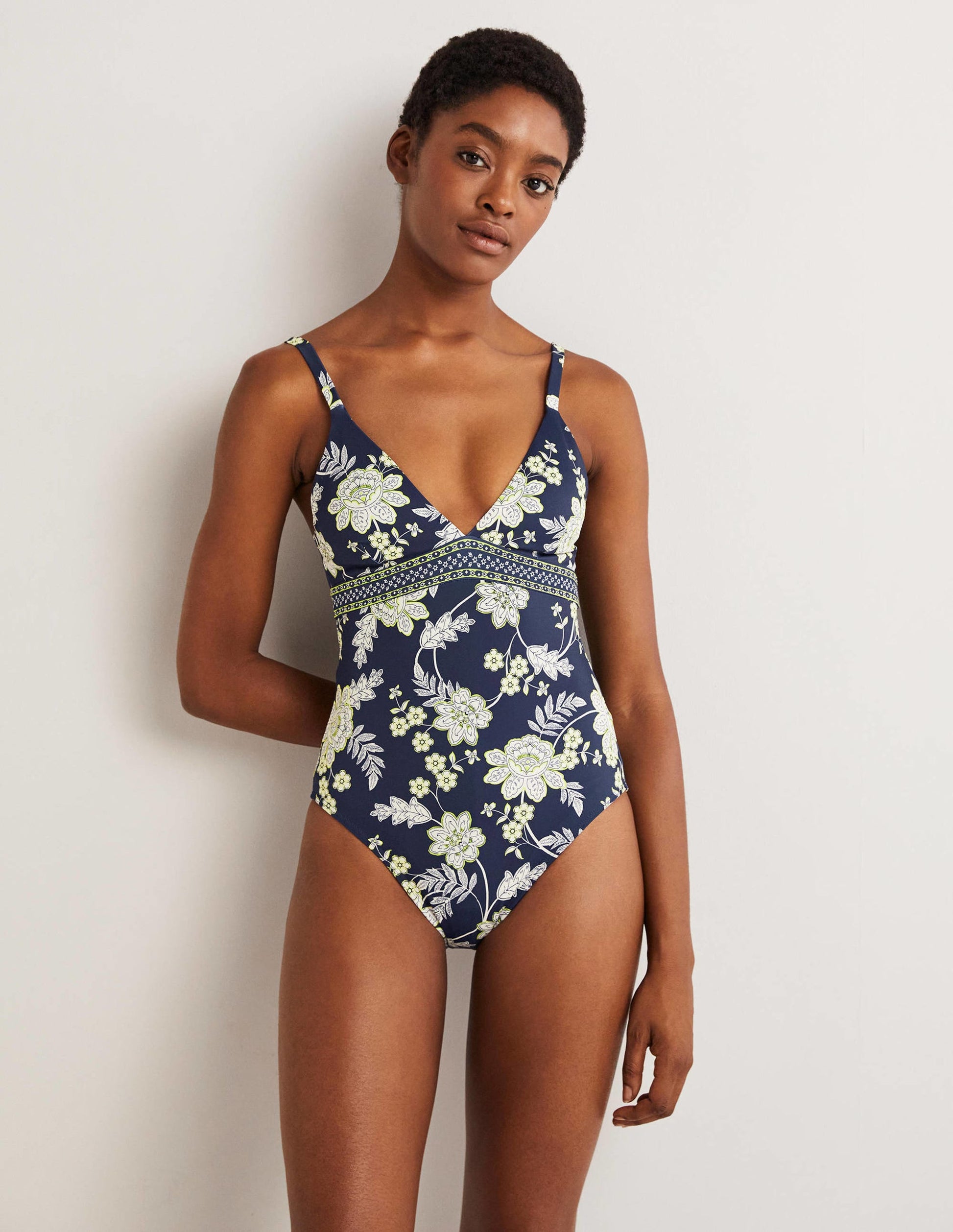 Arezzo Badeanzug mit V-Ausschnitt und Einsatz-Navy, Chintz Bloom-1