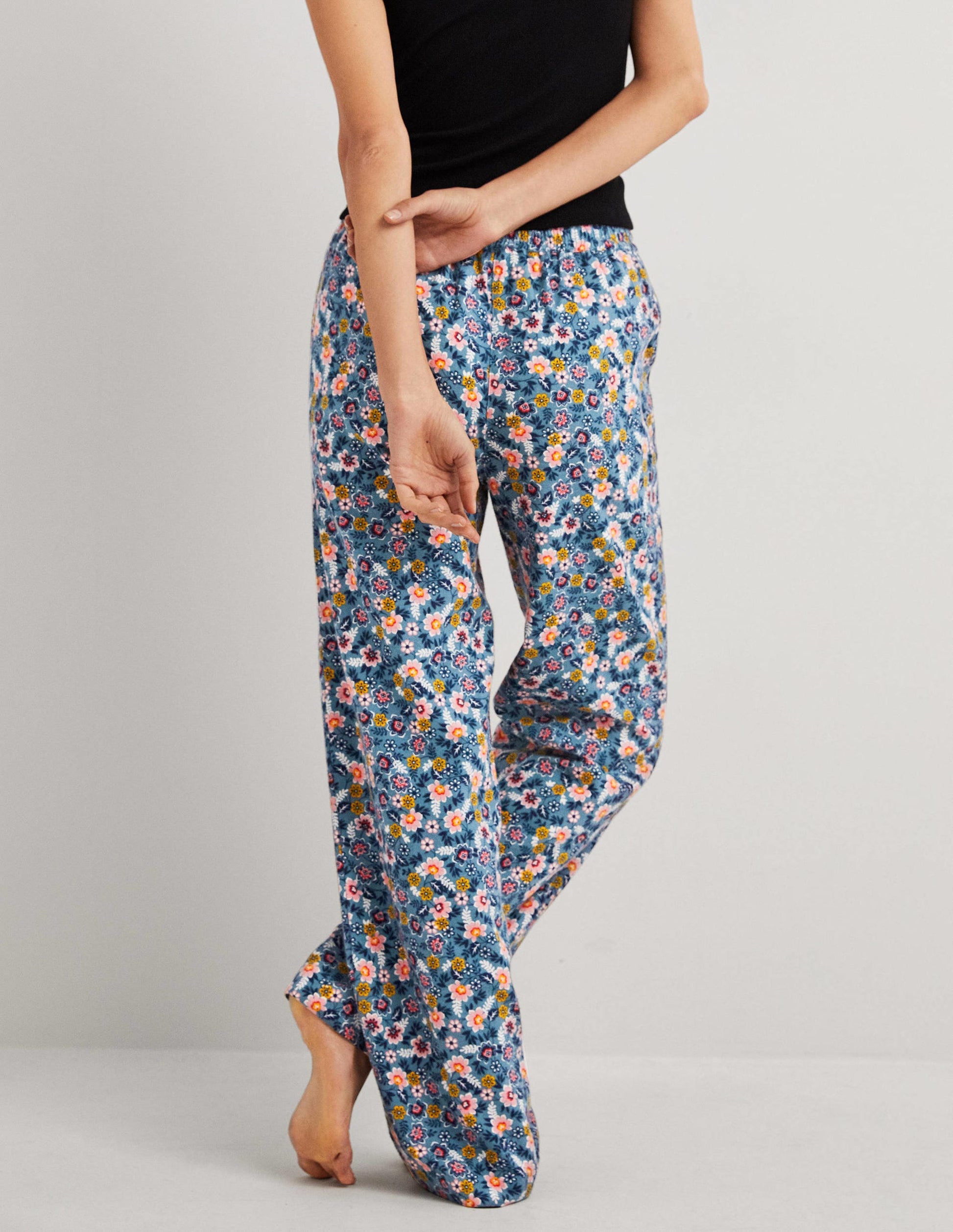Blue Floral Pyjama Bottoms-Mittelblau, Üppige Blätter-3