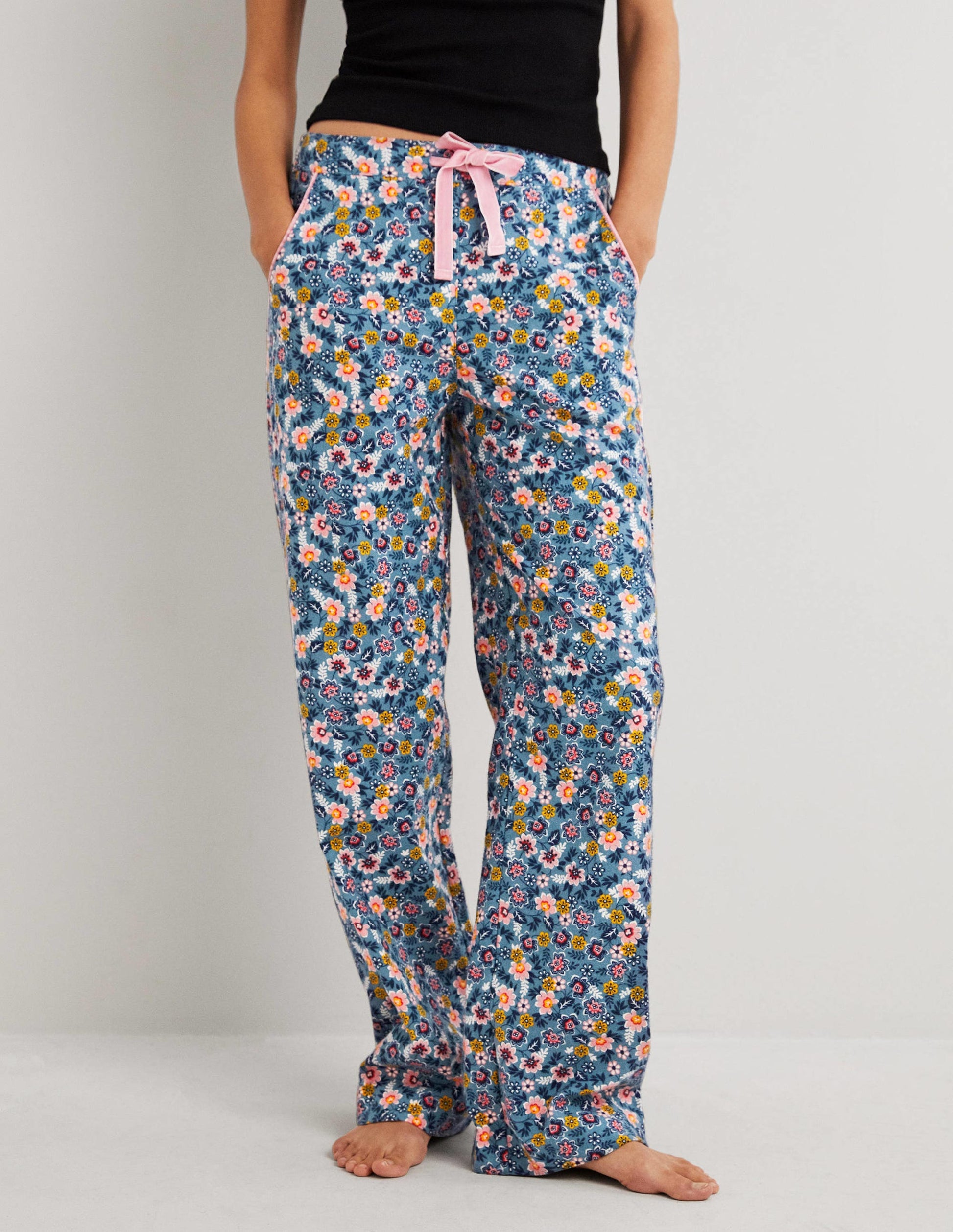 Blue Floral Pyjama Bottoms-Mittelblau, Üppige Blätter-4
