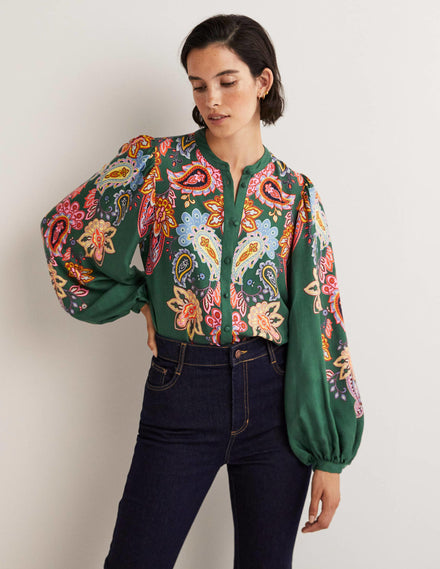 Anna Bluse mit Blousonärmeln-Trekking-Grün, Paisleymuster