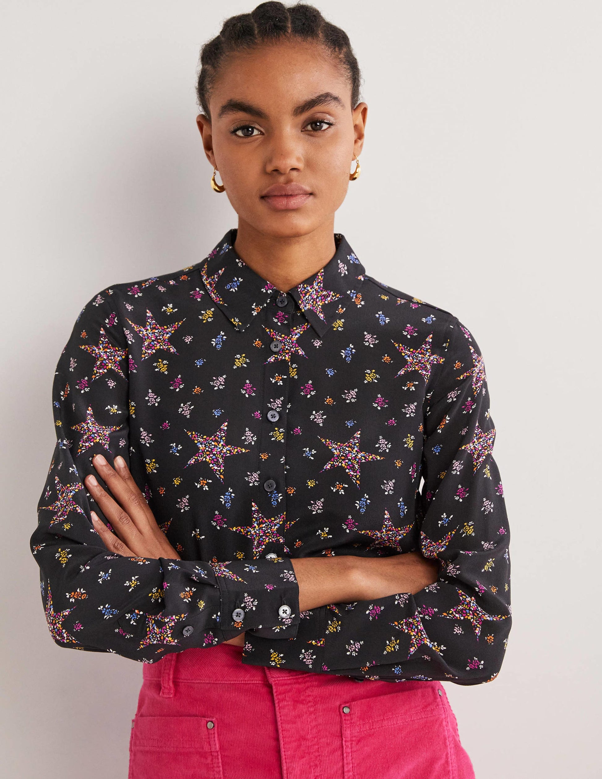 Seidenhemd-Schwarz, Filigranes Sternmuster-5