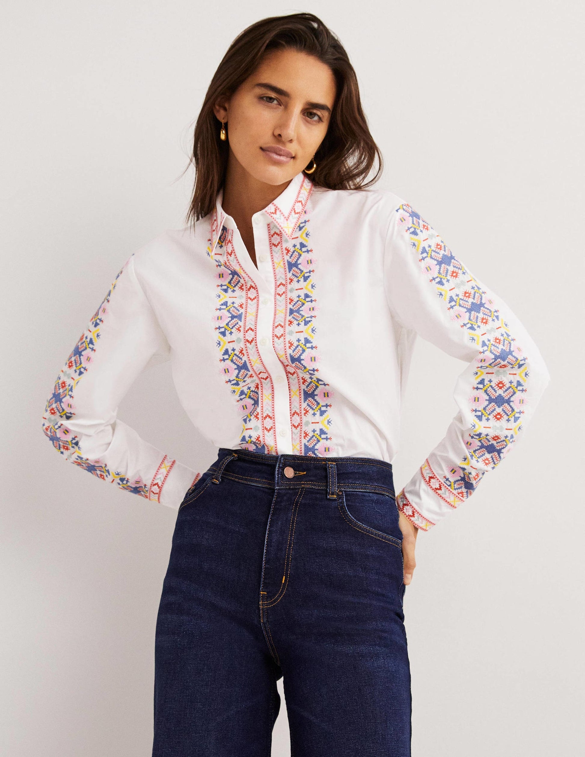 Relaxed Cotton Shirt-White, Embroidered-1