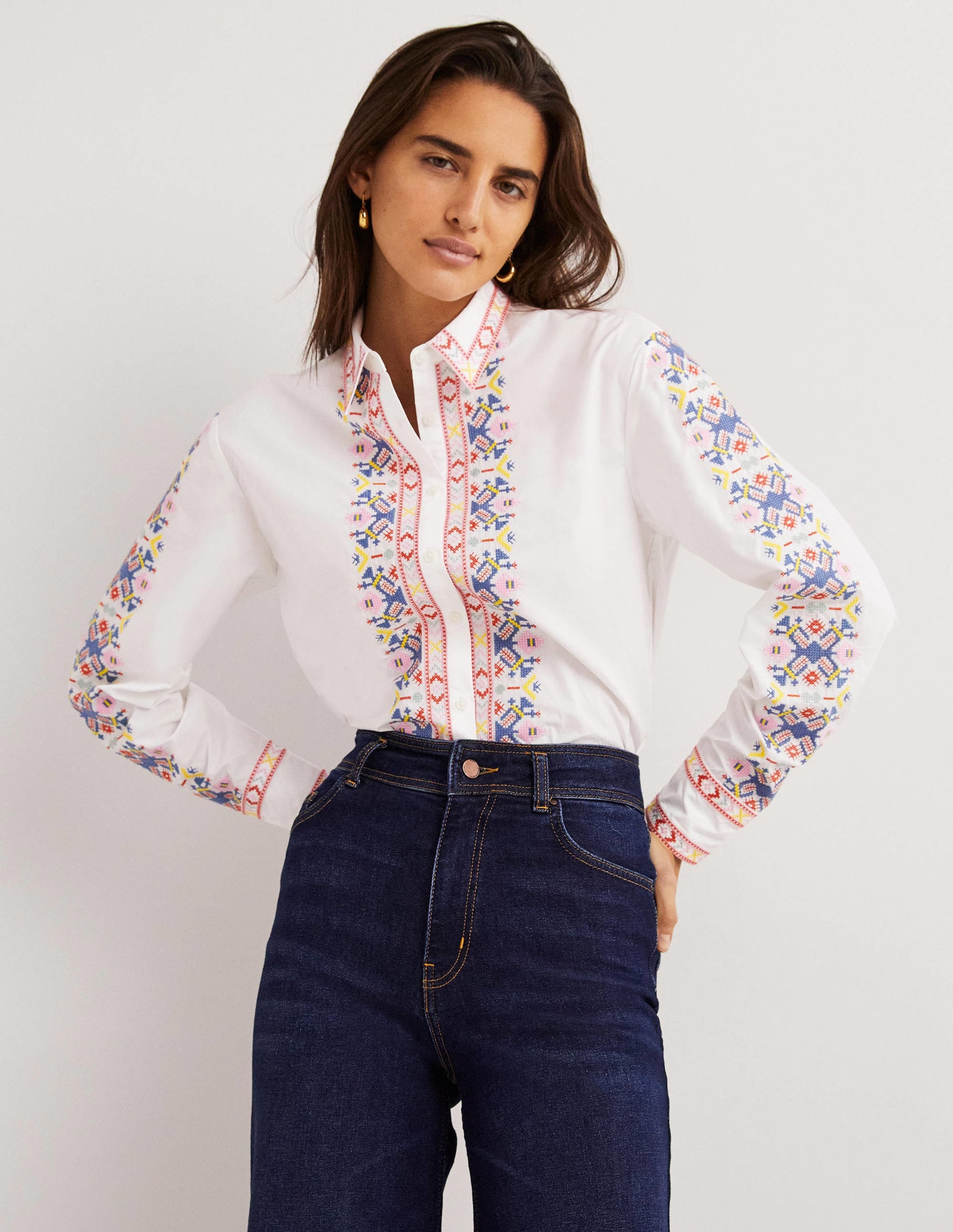Relaxed Cotton Shirt-White, Embroidered - Image 1