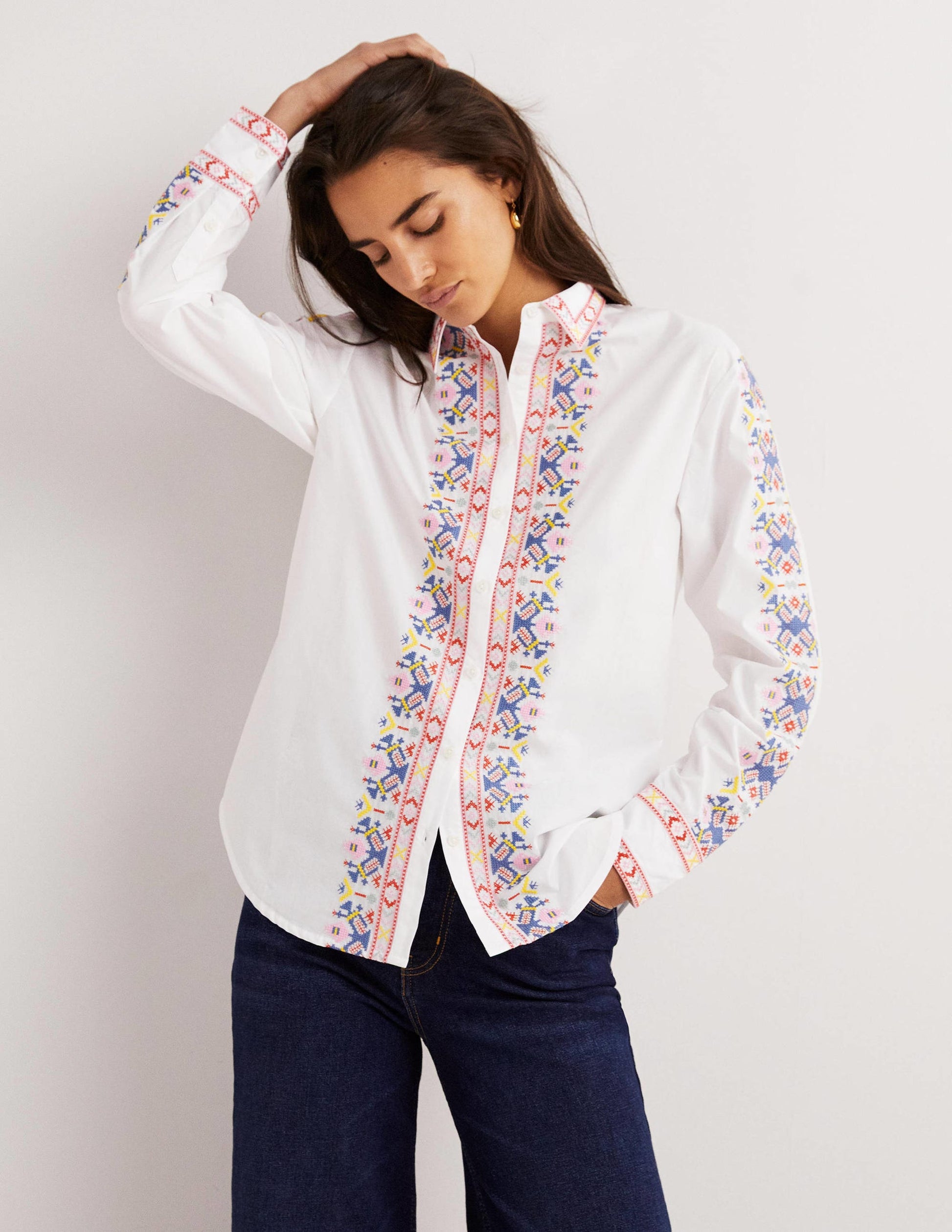 Relaxed Cotton Shirt-White, Embroidered-4