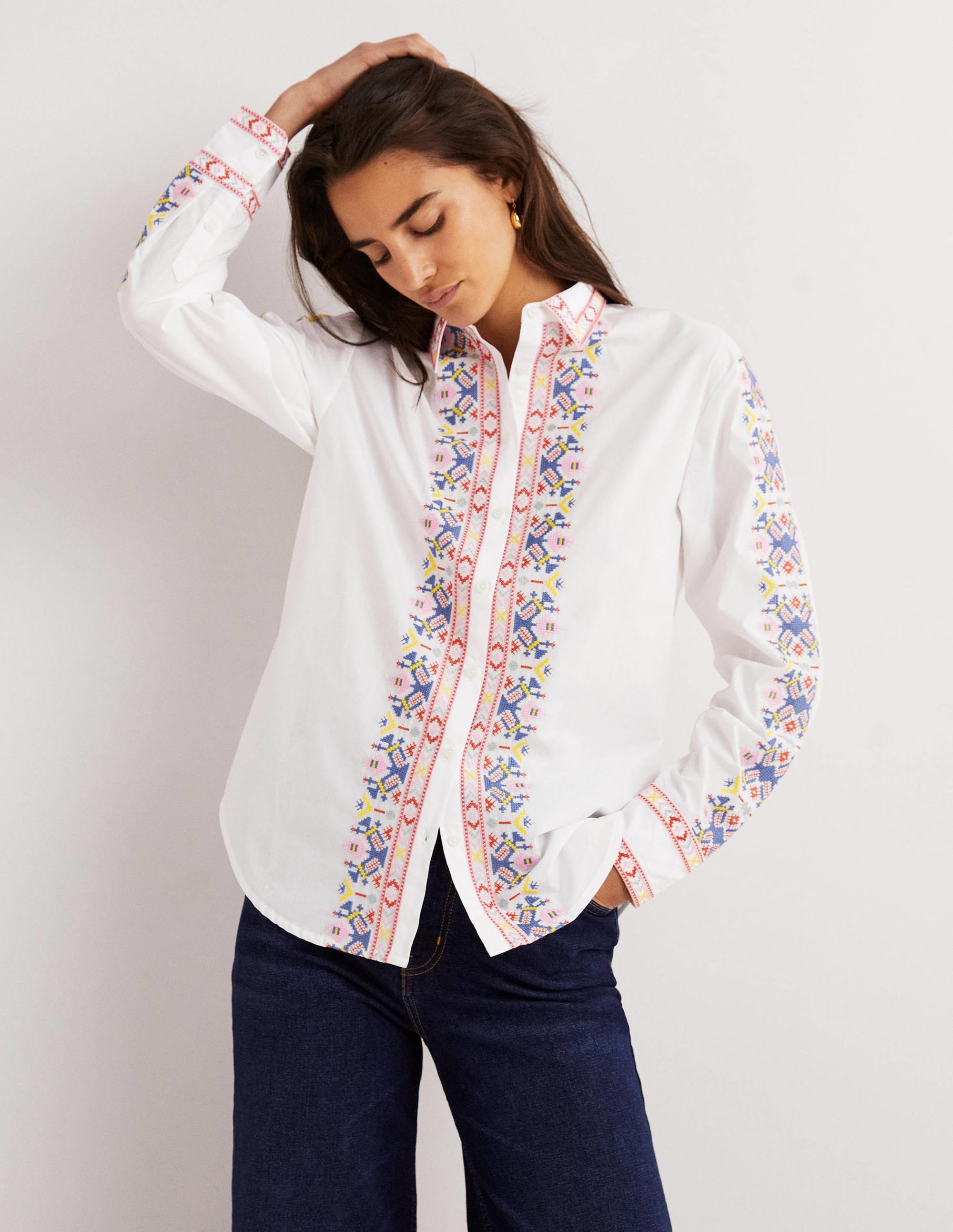 Relaxed Cotton Shirt-White, Embroidered - Image 4