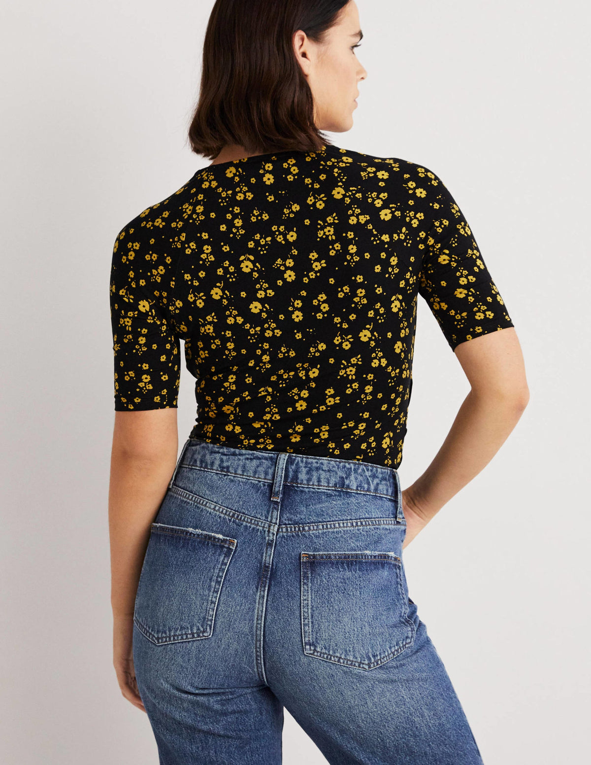 Short Sleeve Wrap Top-Black, Floral Sprig - Image 3