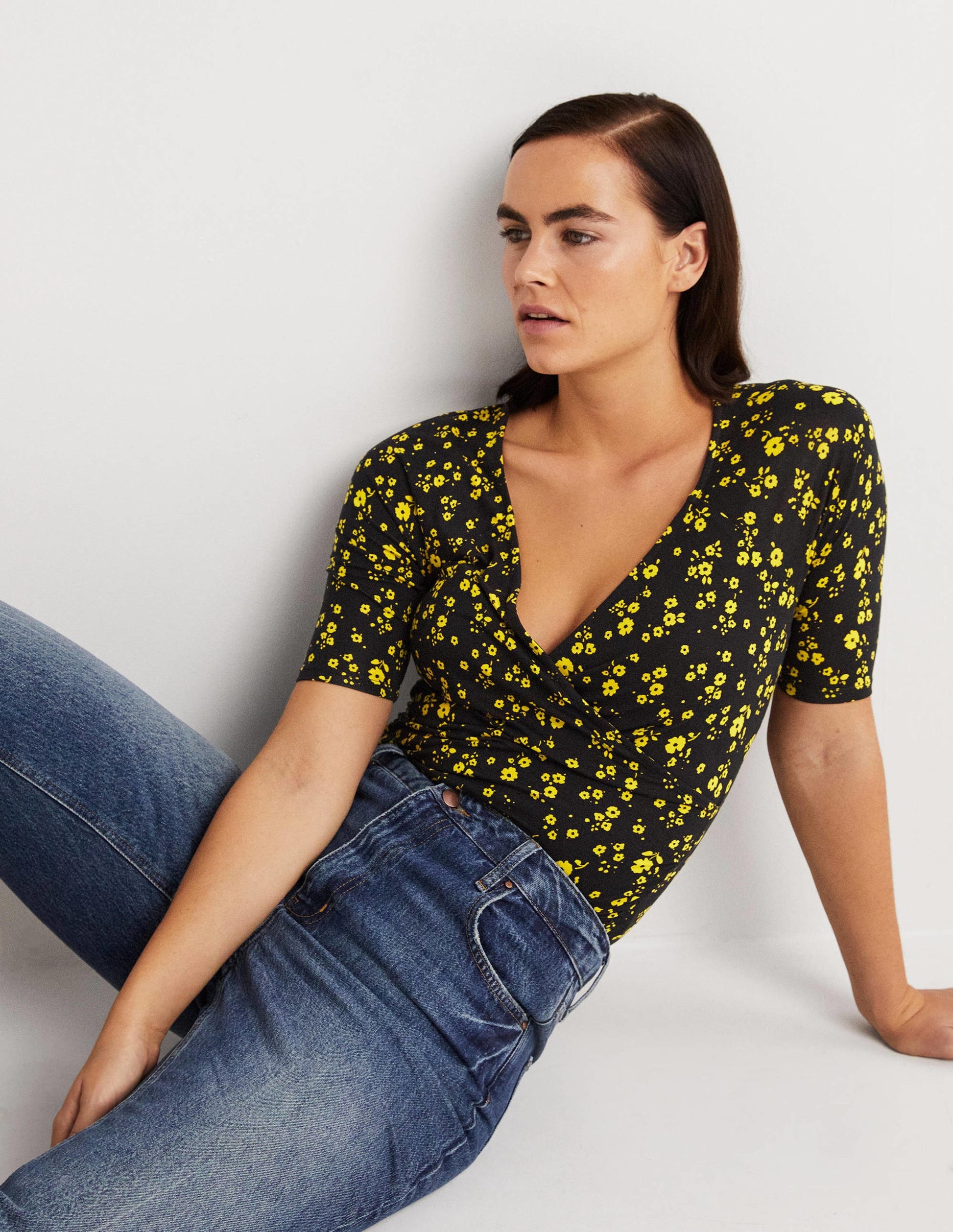 Short Sleeve Wrap Top-Black, Floral Sprig-4