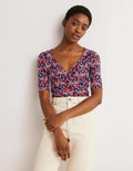 Short Sleeve Wrap Top-Cherry Red, Abstract Sprig