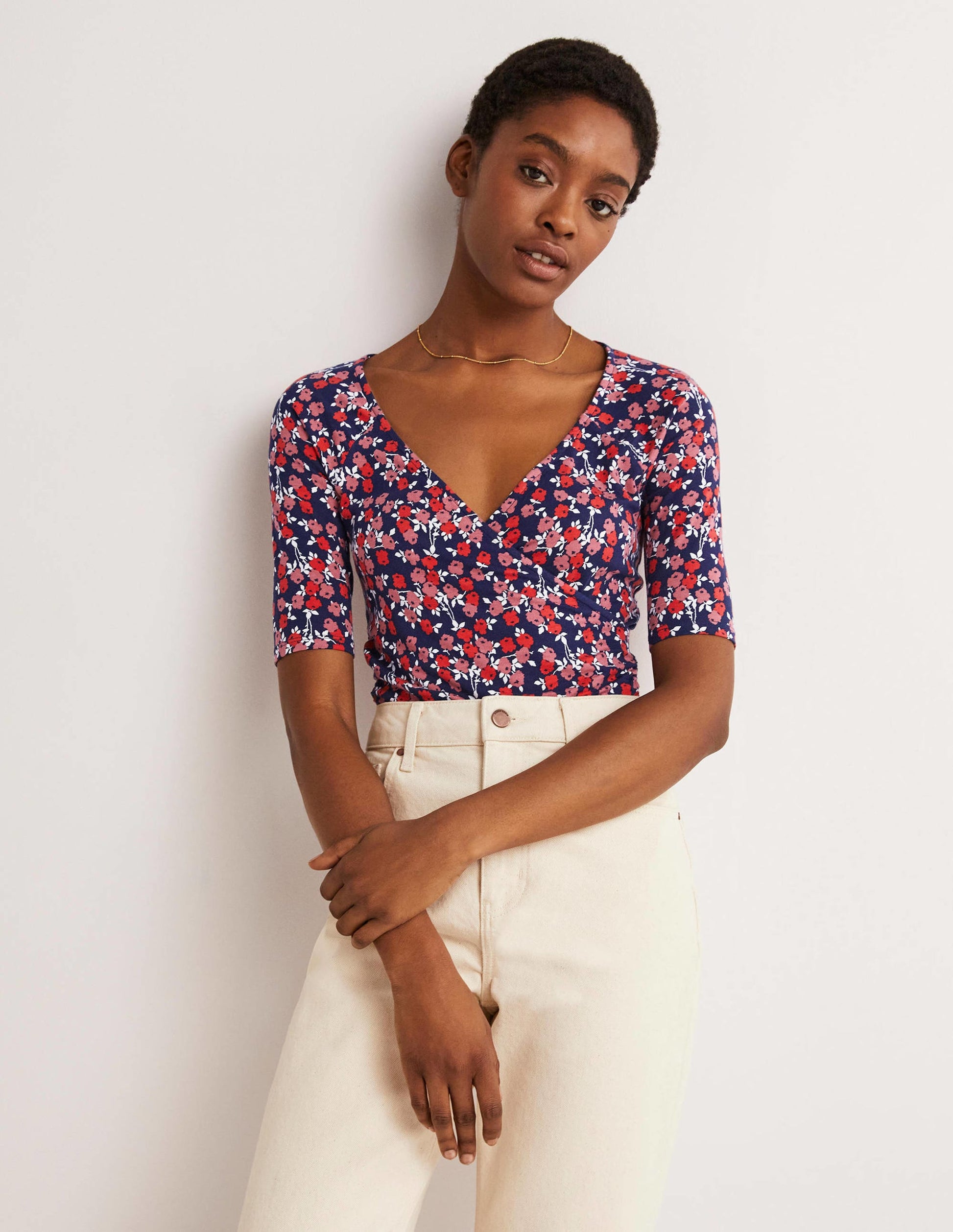 Short Sleeve Wrap Top-Cherry Red, Abstract Sprig-1