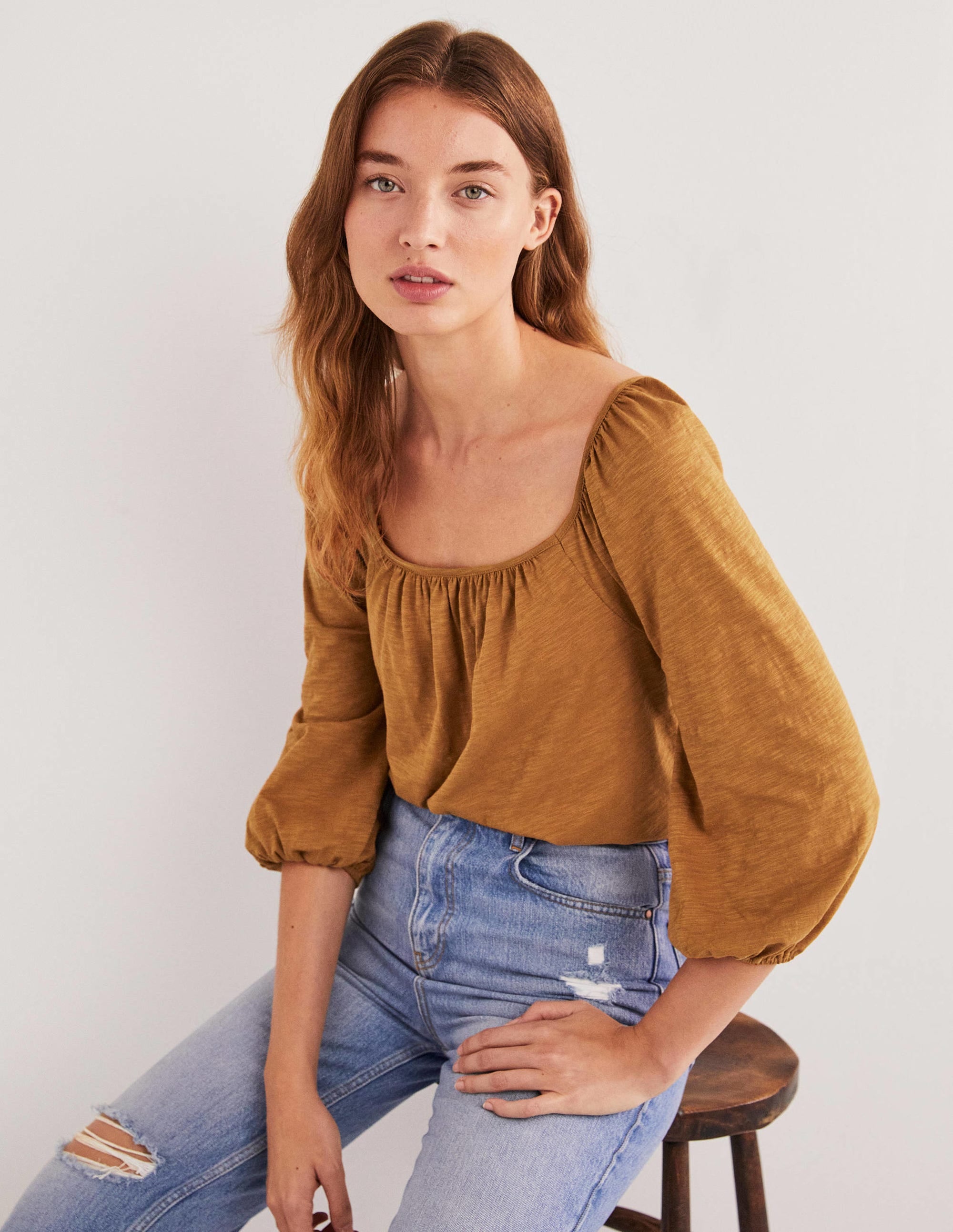 Top en coton blousant-Marron caramel - Image 1