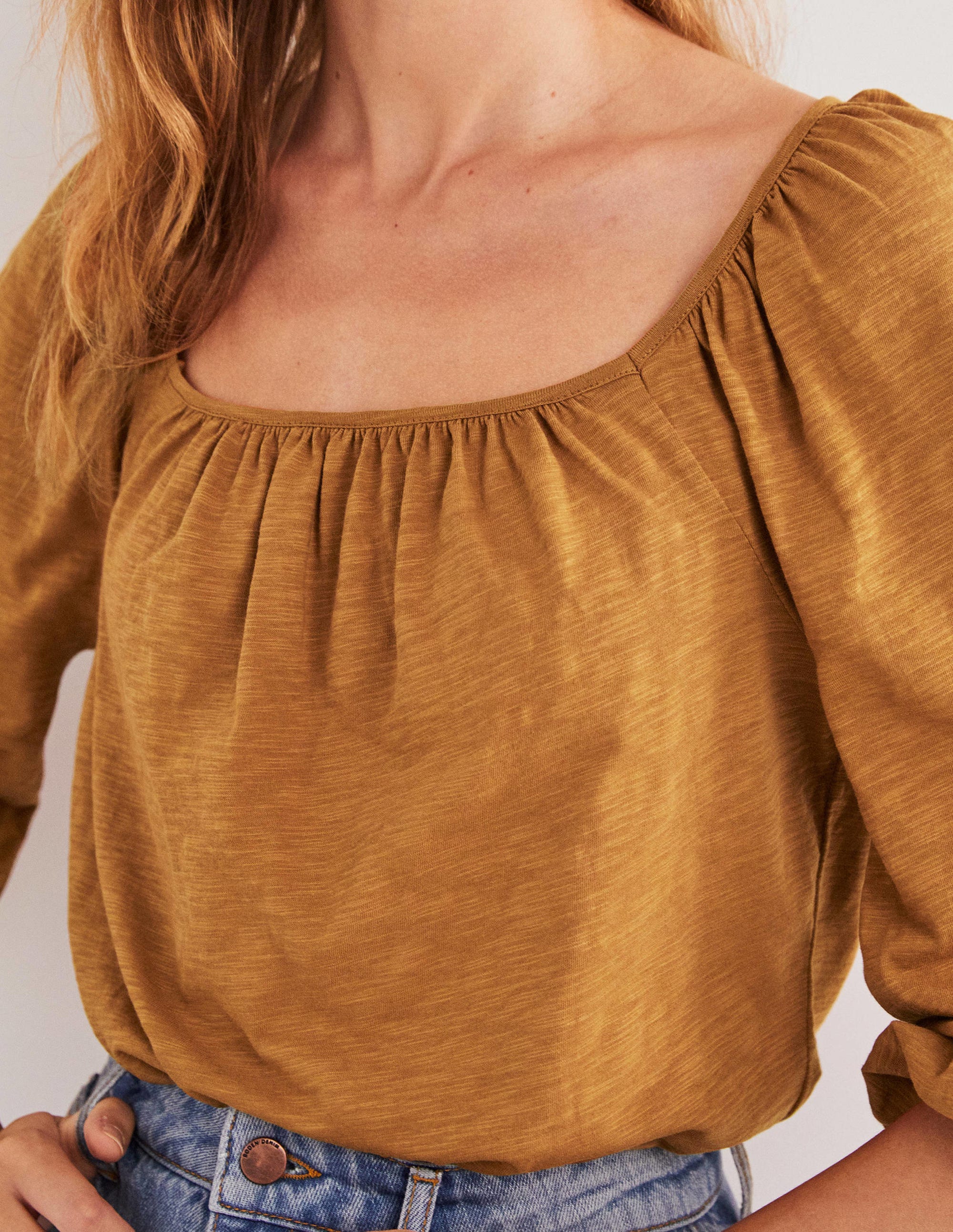 Top en coton blousant-Marron caramel - Image 2